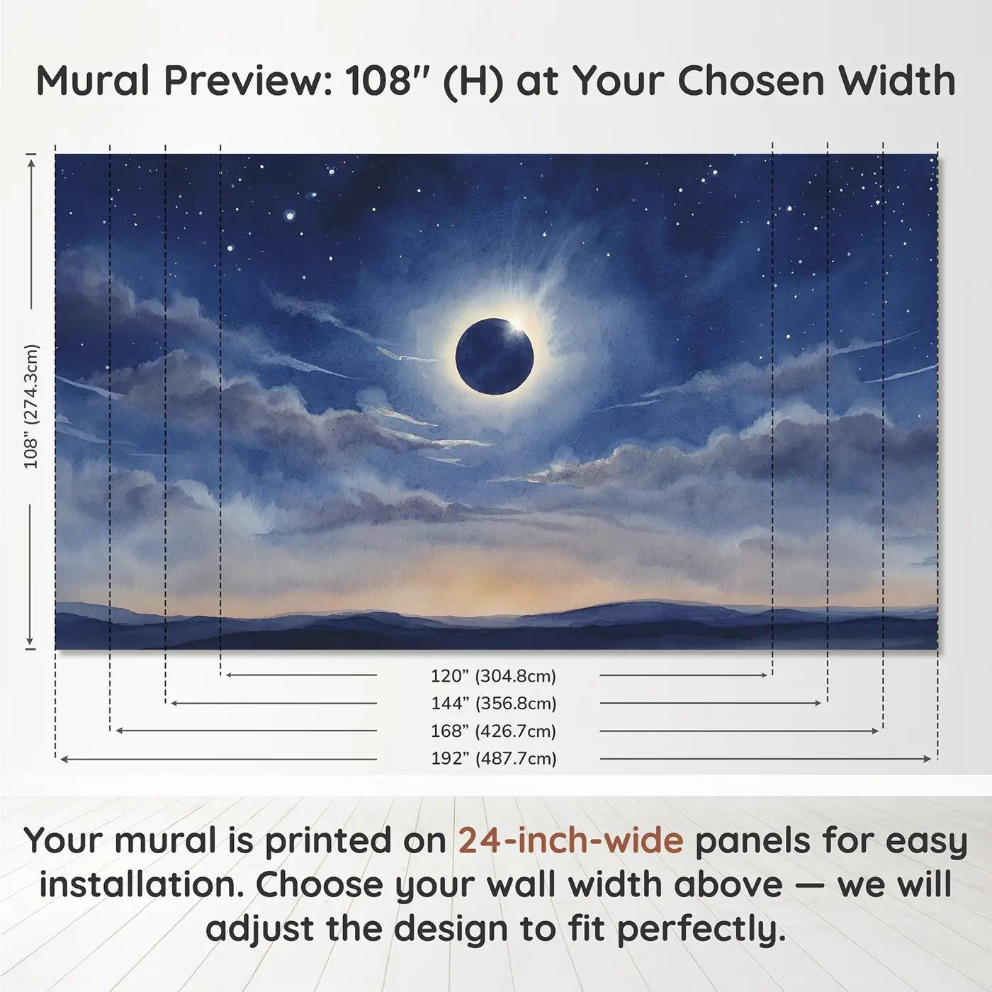 Panel layout and dimensions for Diamond Ring Eclipse Wallpaper Mural by Whimsy Tots