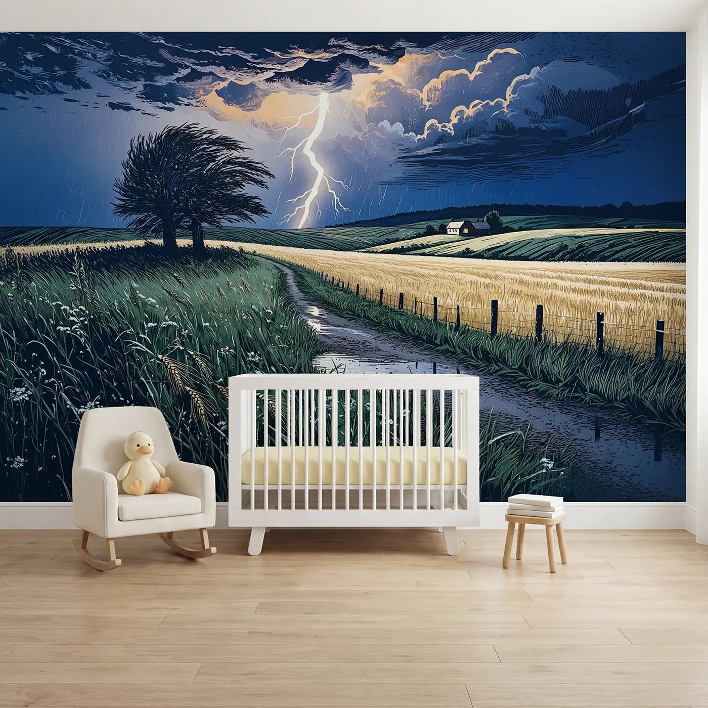block print summer lightning storm wallpaper mural for nursery by Whimsy Tots
