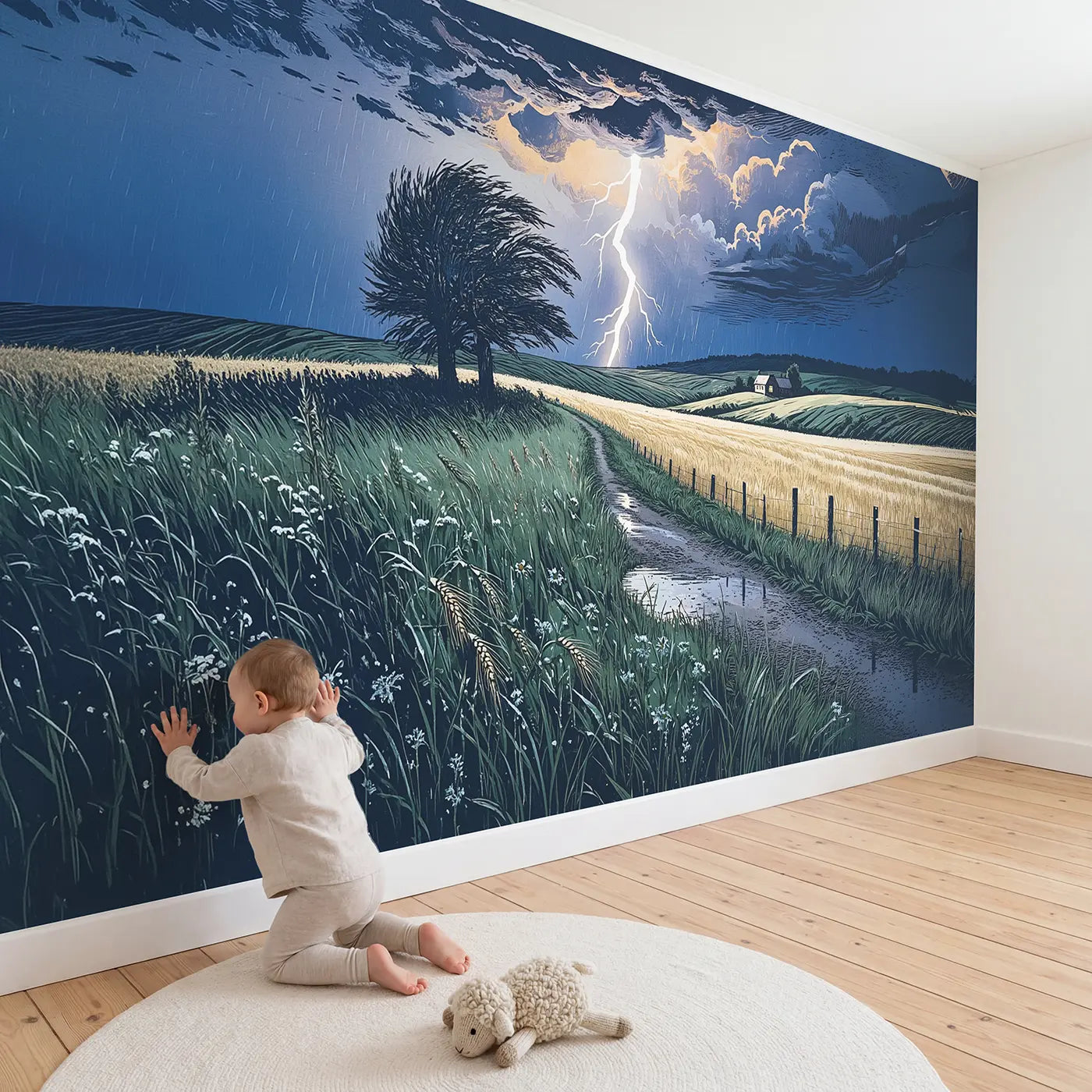 Child in nursery with Summer Storm Lightning Wallpaper Mural by Whimsy Tots