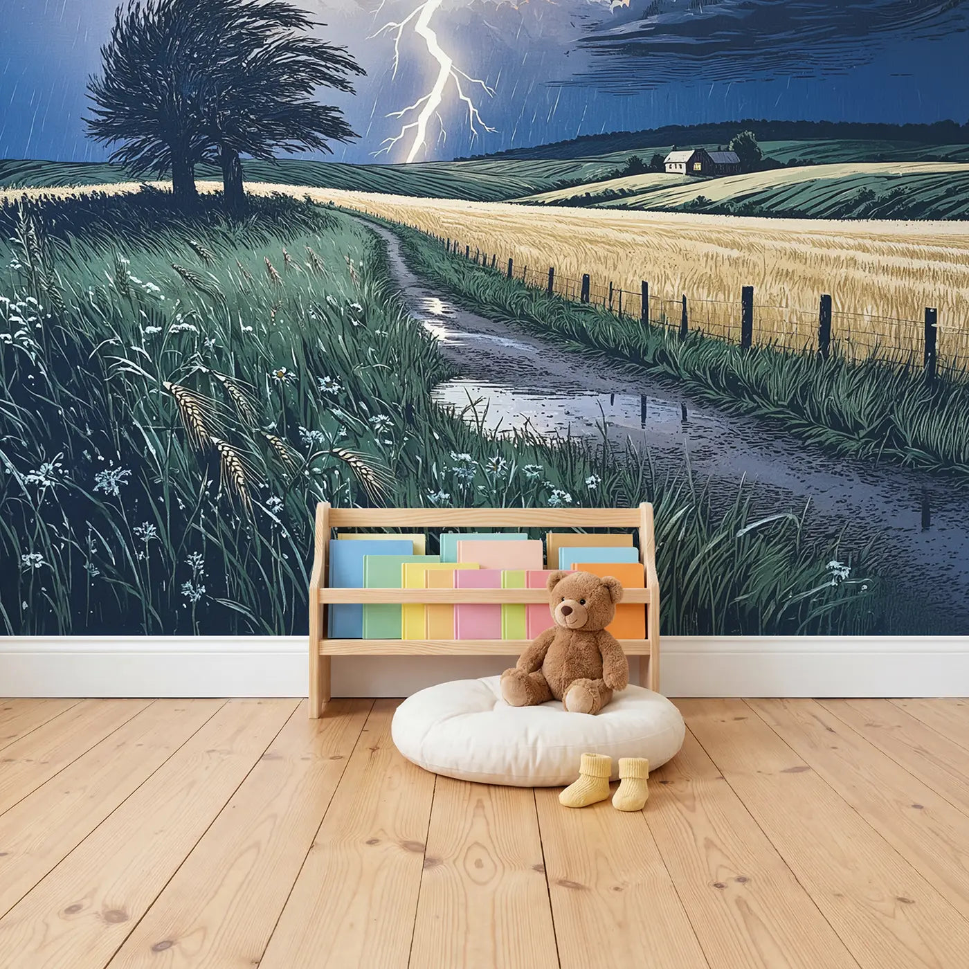Summer Storm Lightning Wallpaper Mural in playroom setting by Whimsy Tots