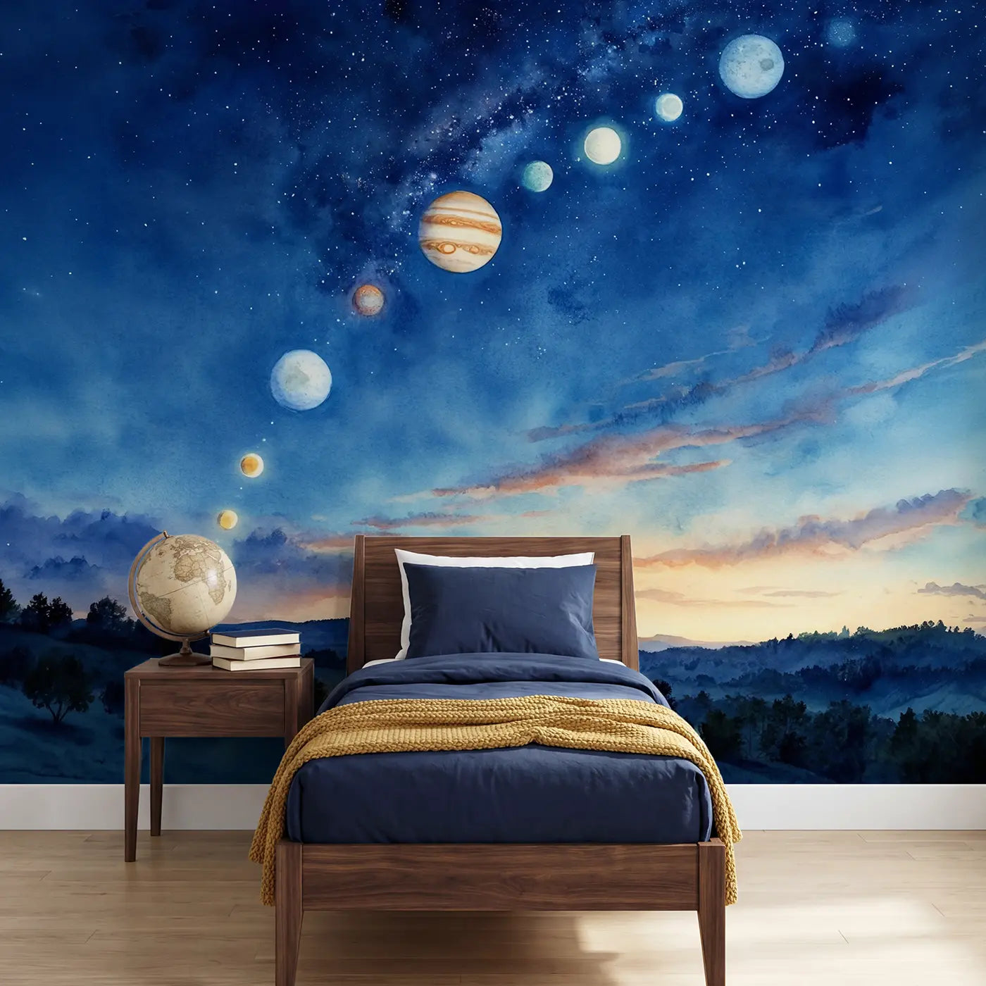 Watercolor dawn planet alignment sky wallpaper mural for kids room by Whimsy Tots