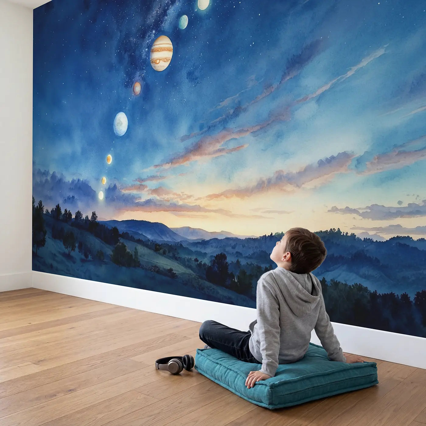Child in nursery with Dawn Planet Alignment Sky Wallpaper Mural by Whimsy Tots