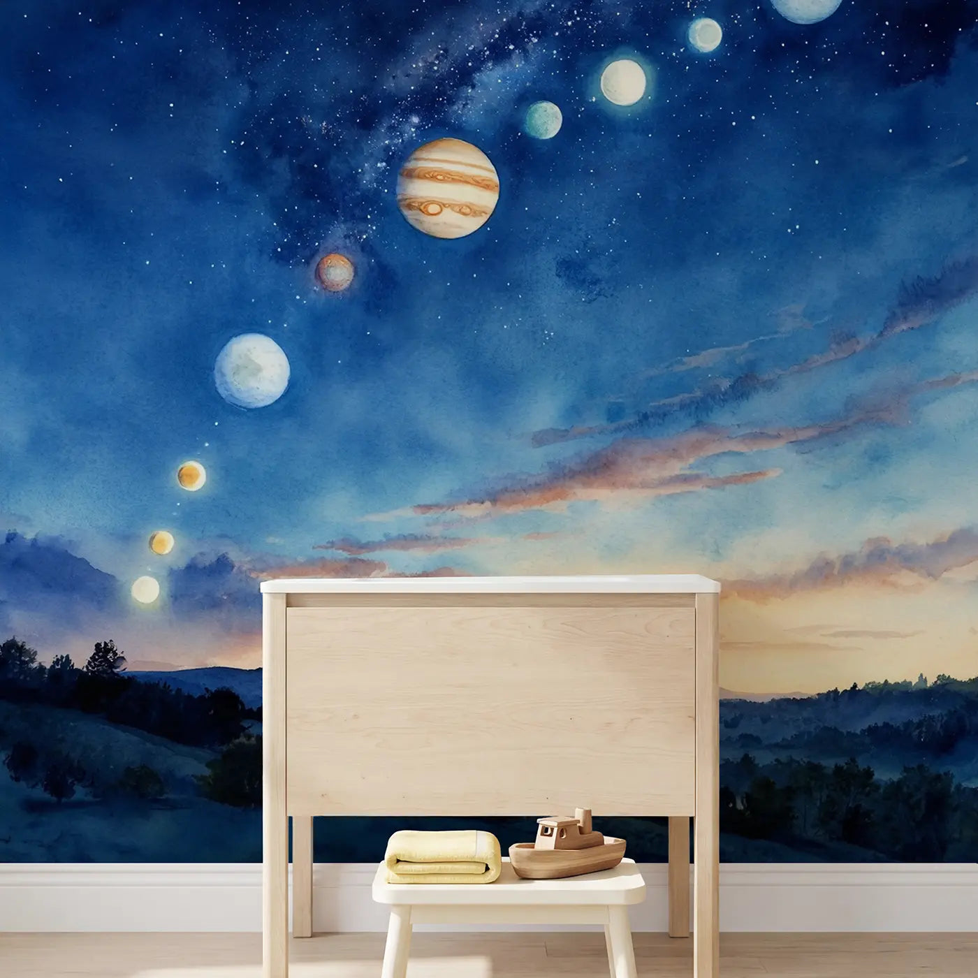 Dawn Planet Alignment Sky Wallpaper Mural in playroom setting by Whimsy Tots