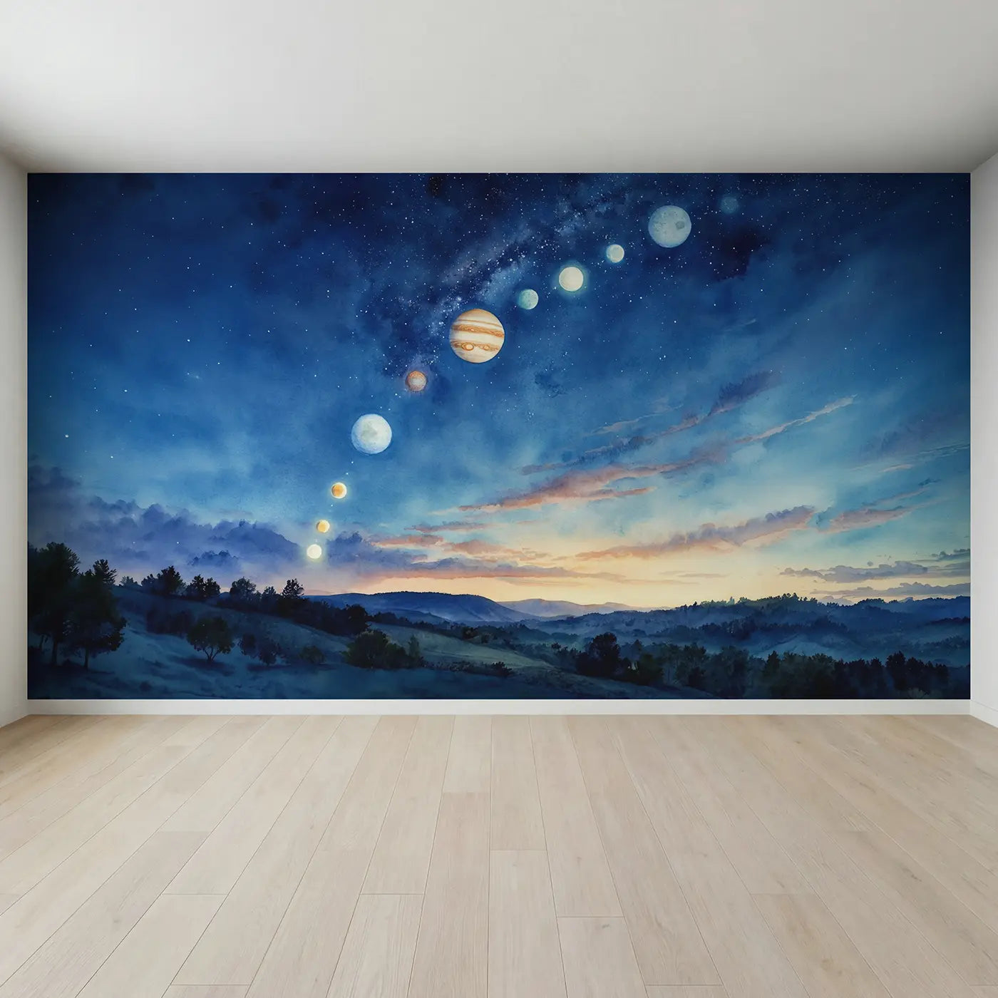 Full view of Dawn Planet Alignment Sky Wallpaper Mural by Whimsy Tots