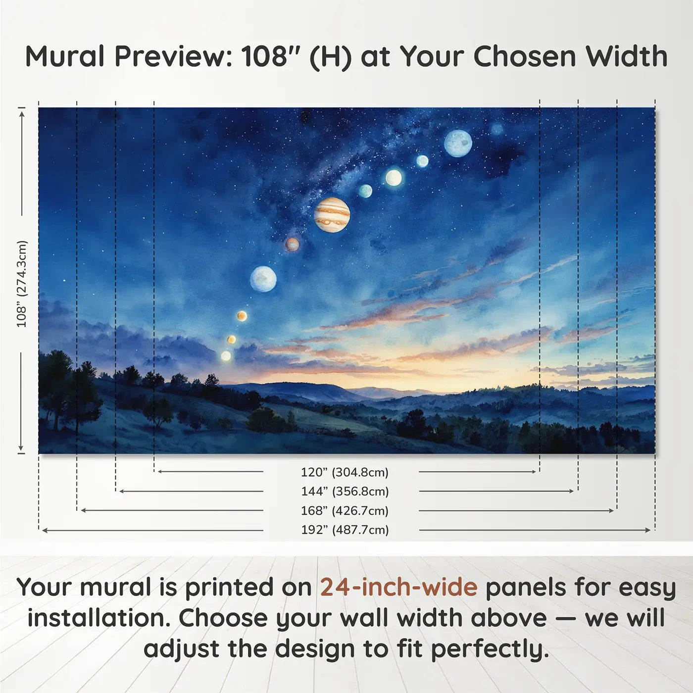 Panel layout and dimensions for Dawn Planet Alignment Sky Wallpaper Mural by Whimsy Tots