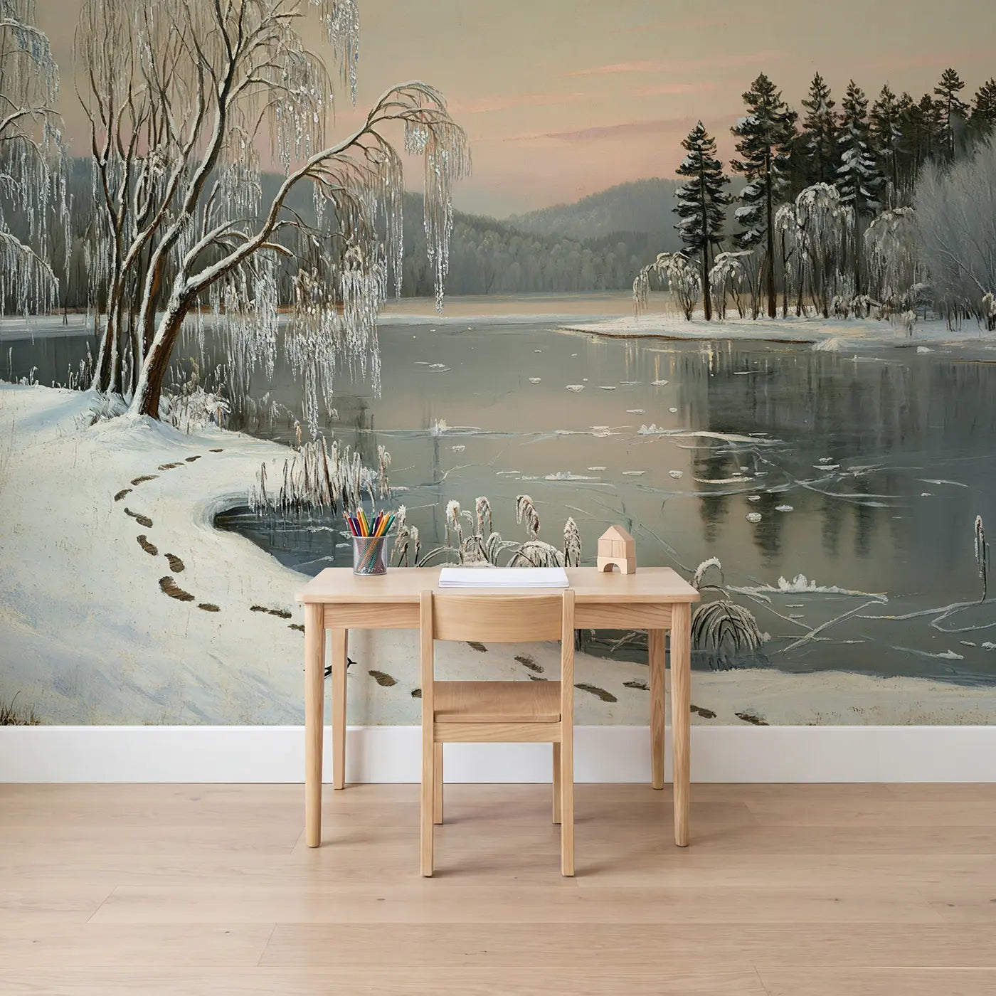 Painted landscape frozen lake at sunset wallpaper mural for kids room by Whimsy Tots