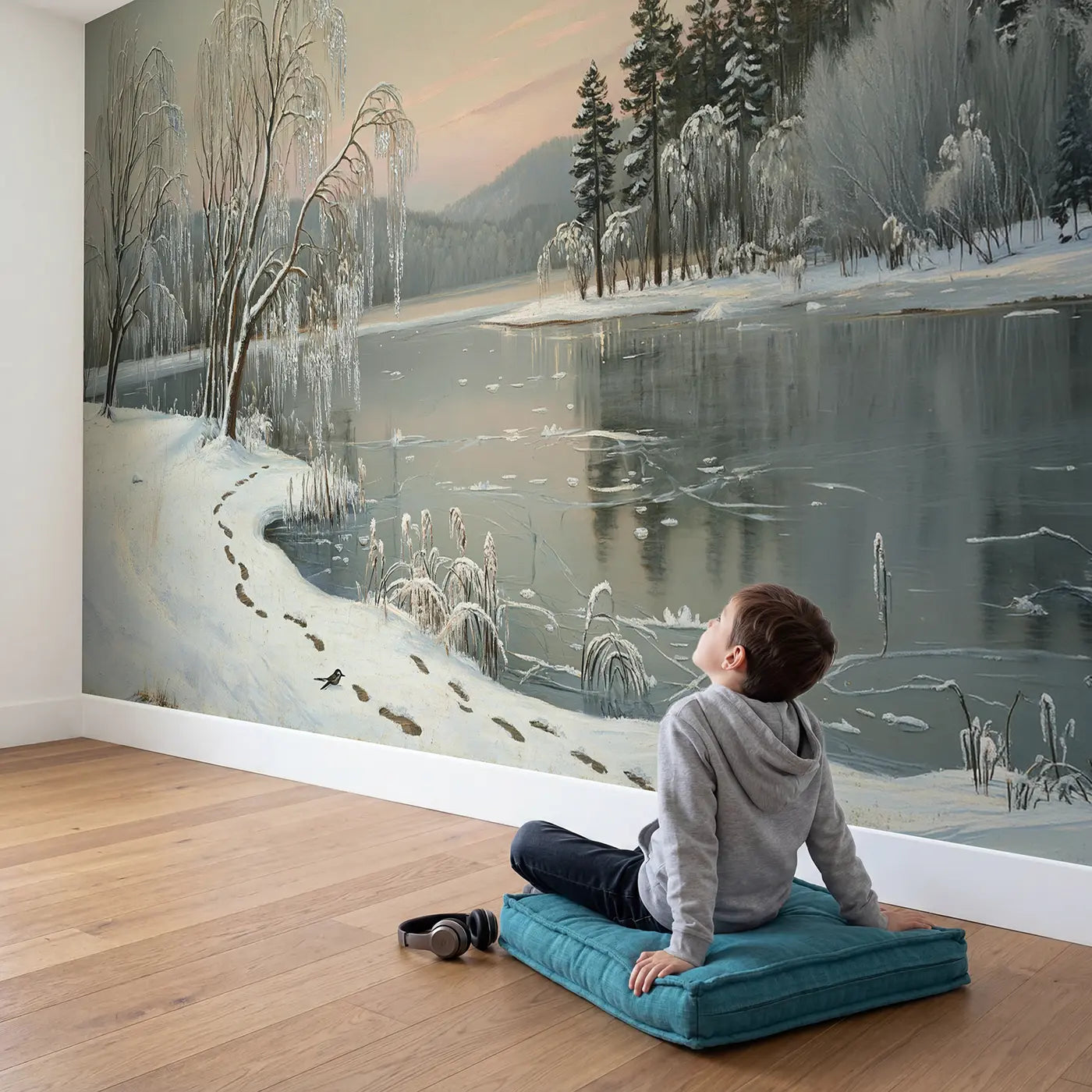 Child in nursery with Frozen Lakeside Branches Wallpaper Mural by Whimsy Tots