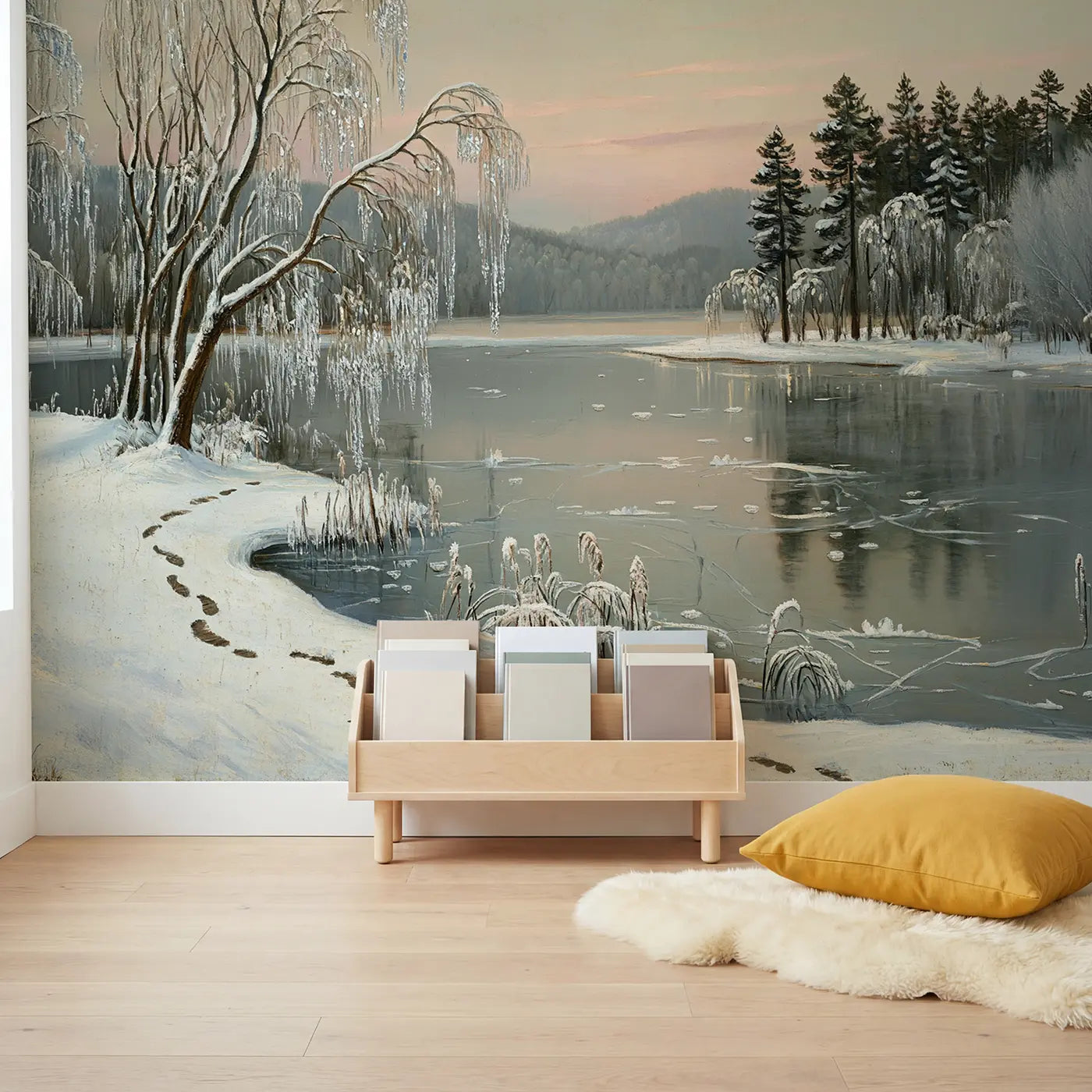 Frozen Lakeside Branches Wallpaper Mural in playroom setting by Whimsy Tots