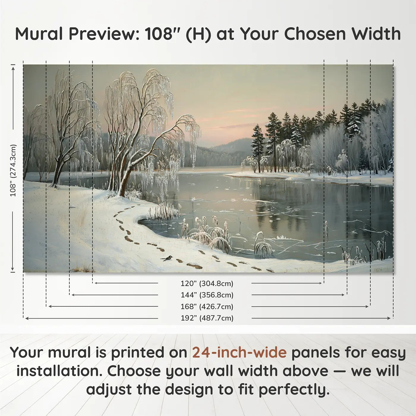 Panel layout and dimensions for Frozen Lakeside Branches Wallpaper Mural by Whimsy Tots