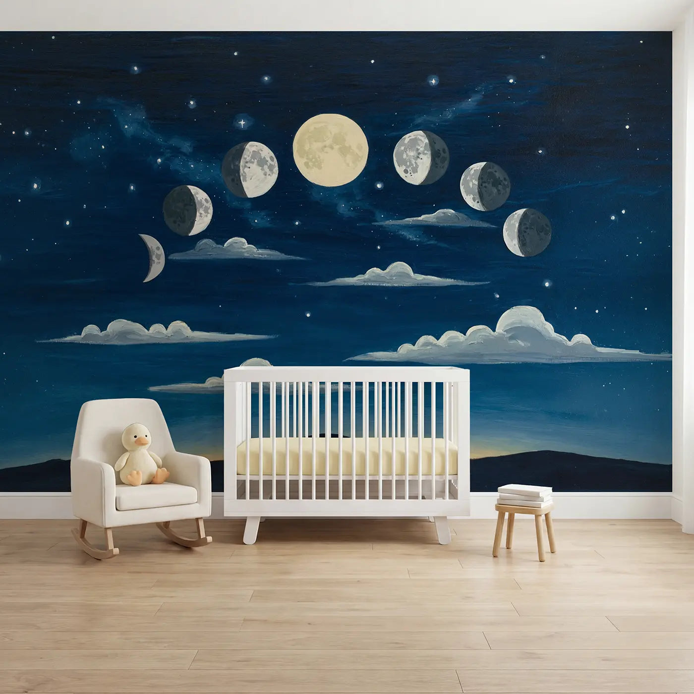 Modern illustration moon celestial wallpaper mural for kids room by Whimsy Tots