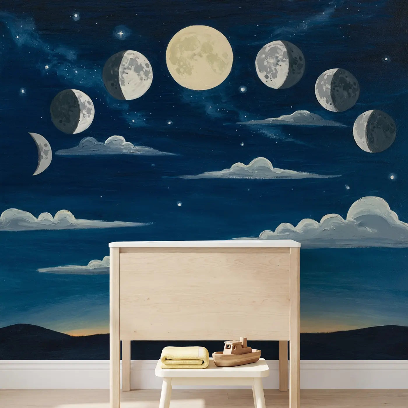 Moon Phase Night Arc Wallpaper Mural in playroom setting by Whimsy Tots