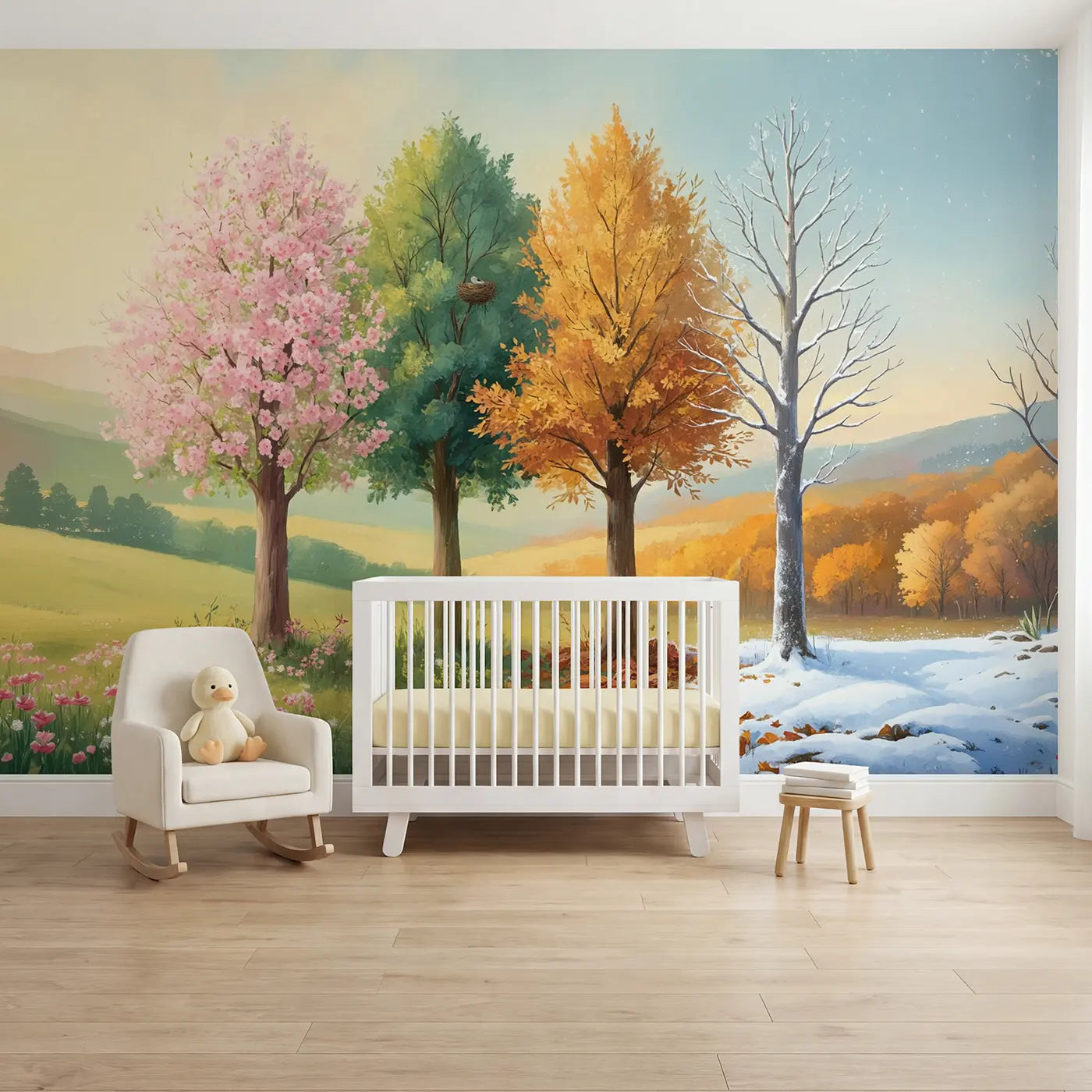 Soft Pastel four seasons tree panorama wallpaper mural for kids room by Whimsy Tots