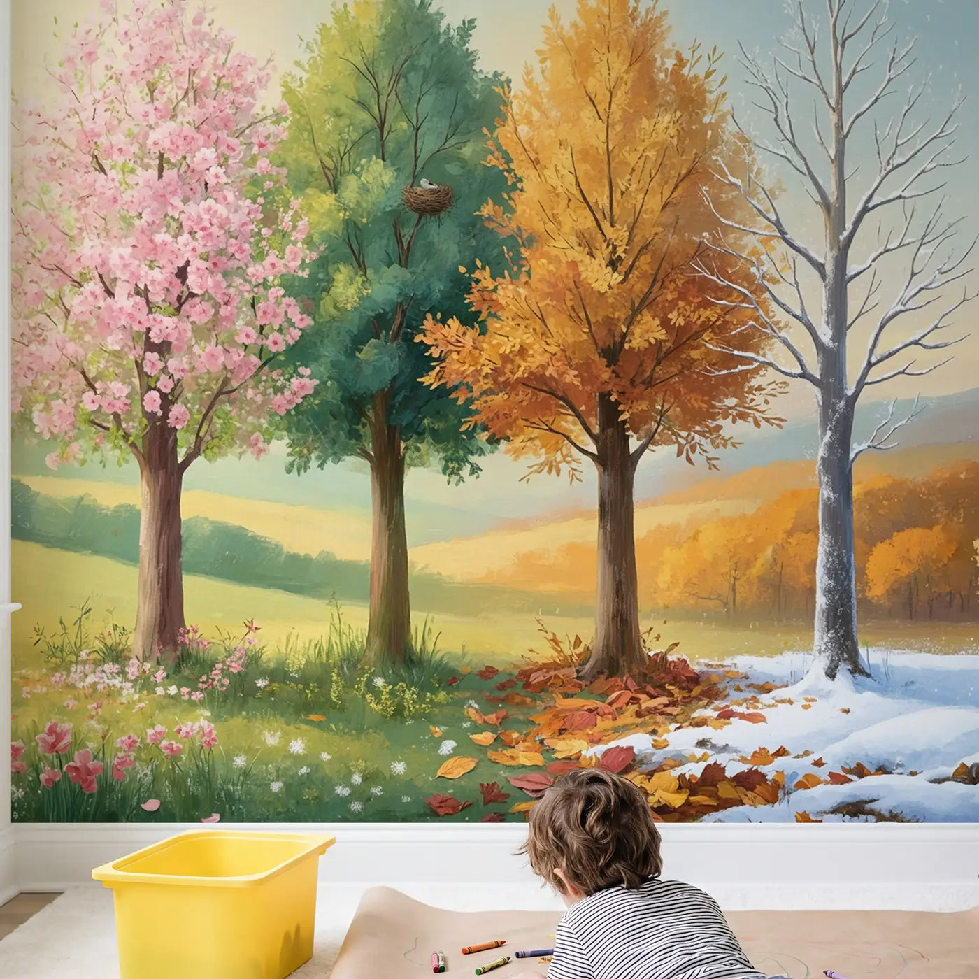 Child in nursery with Four Seasons Tree Panorama Wallpaper Mural by Whimsy Tots