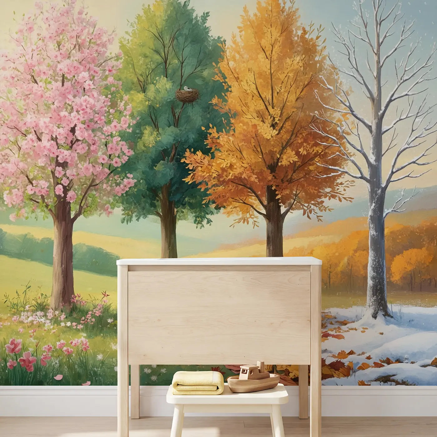 Four Seasons Tree Panorama Wallpaper Mural in playroom setting by Whimsy Tots
