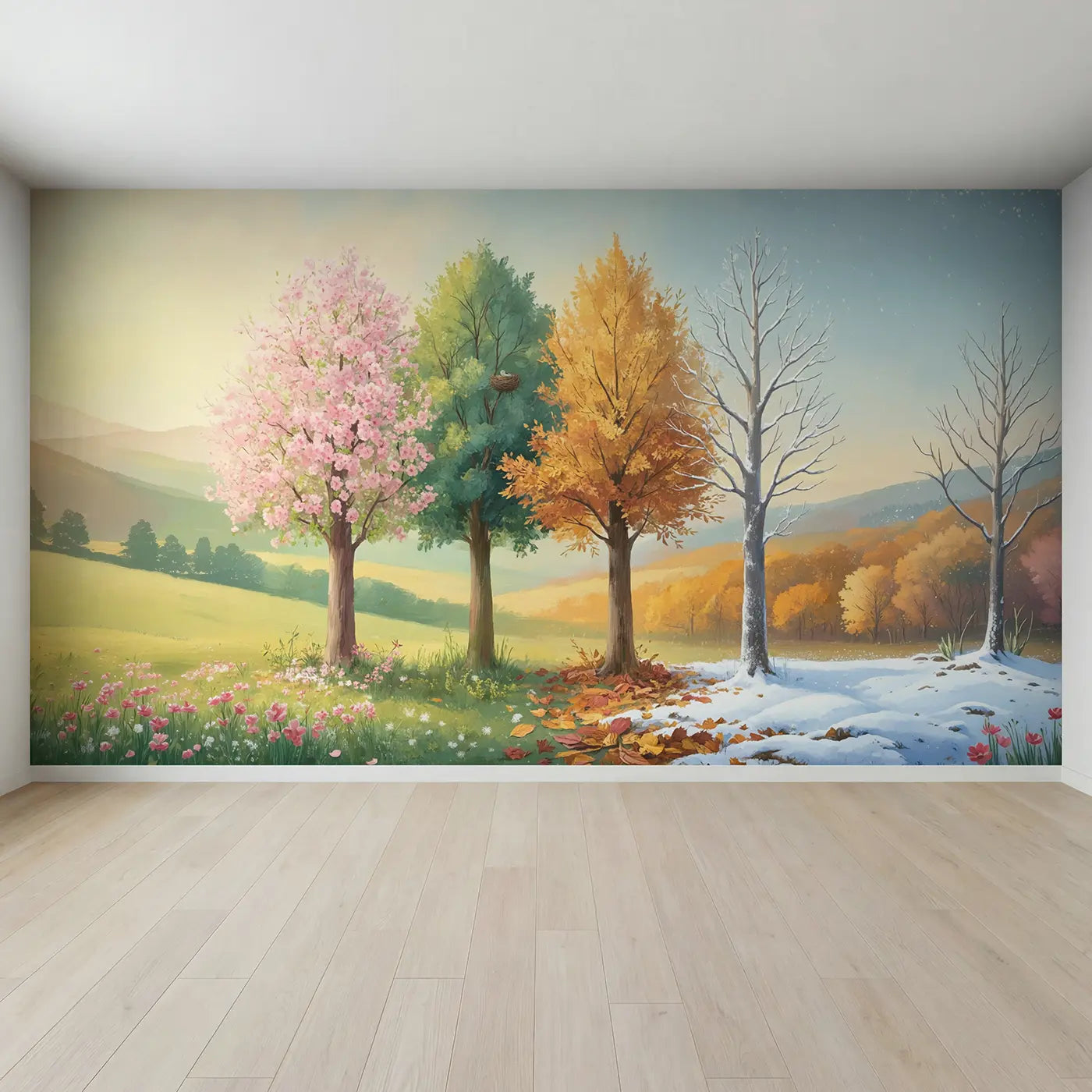 Full view of Four Seasons Tree Panorama Wallpaper Mural by Whimsy Tots