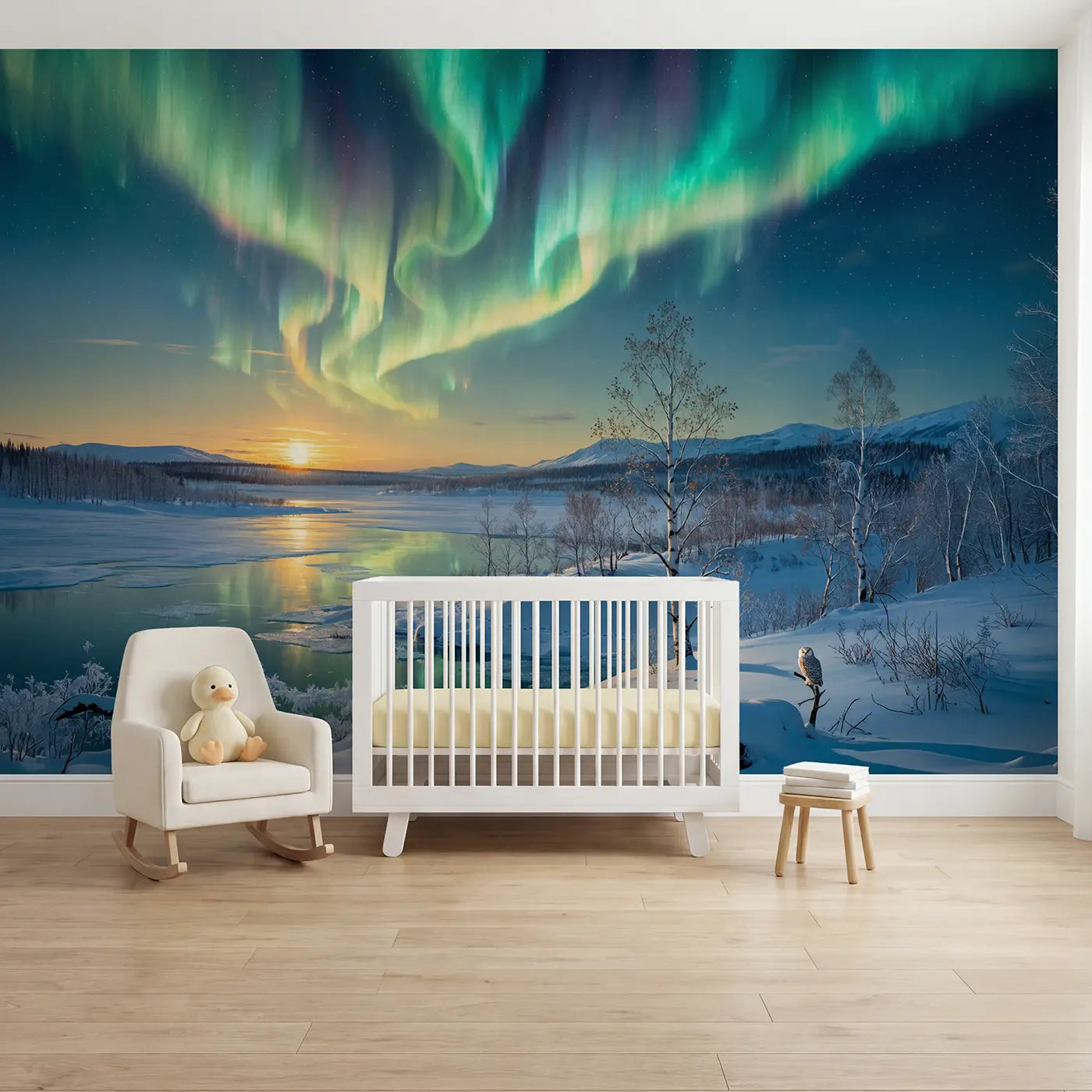 Botanical elegance aurora and northern light wallpaper mural for kids room by Whimsy Tots