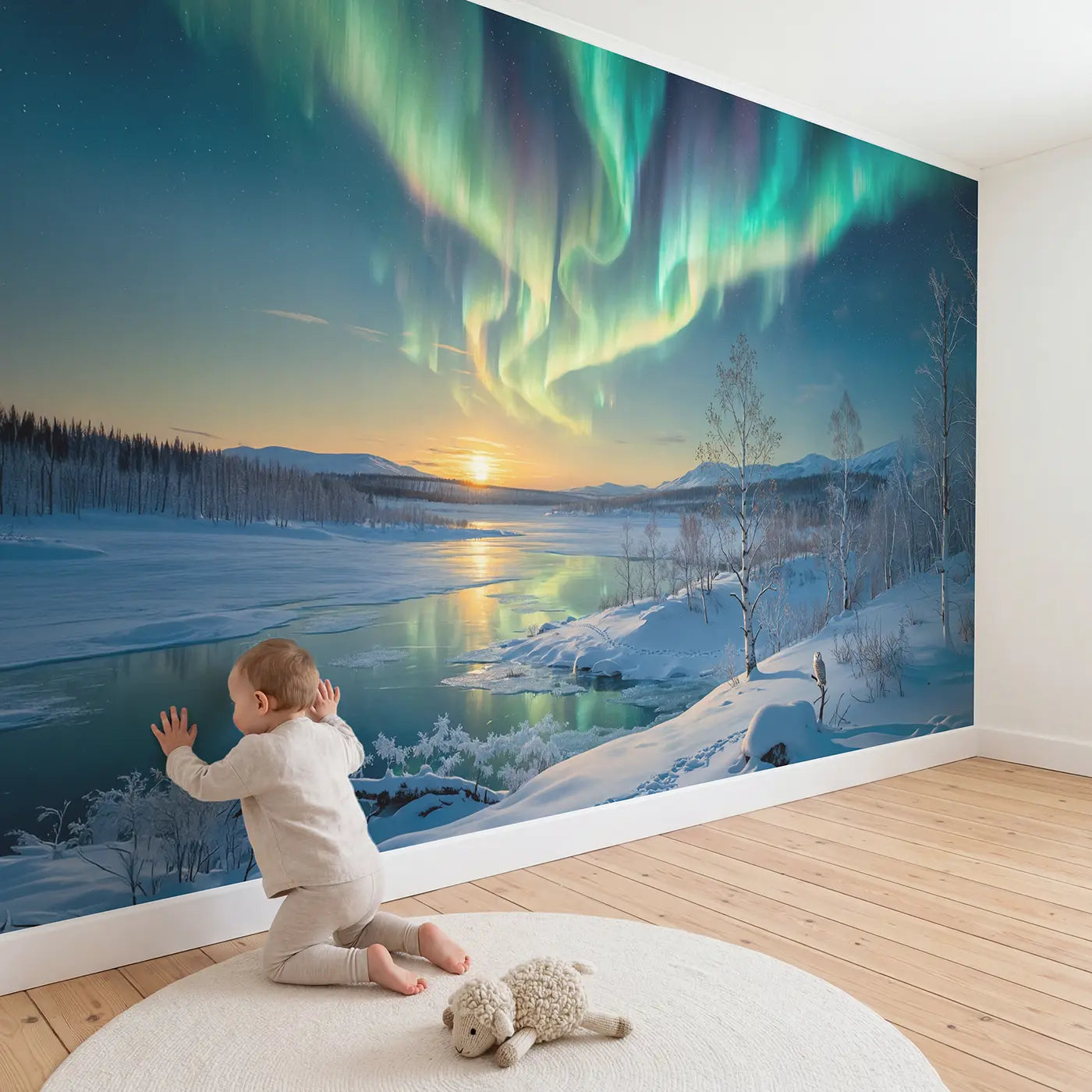 Child in nursery with Northern Lights Winter Solstice Wallpaper Mural by Whimsy Tots