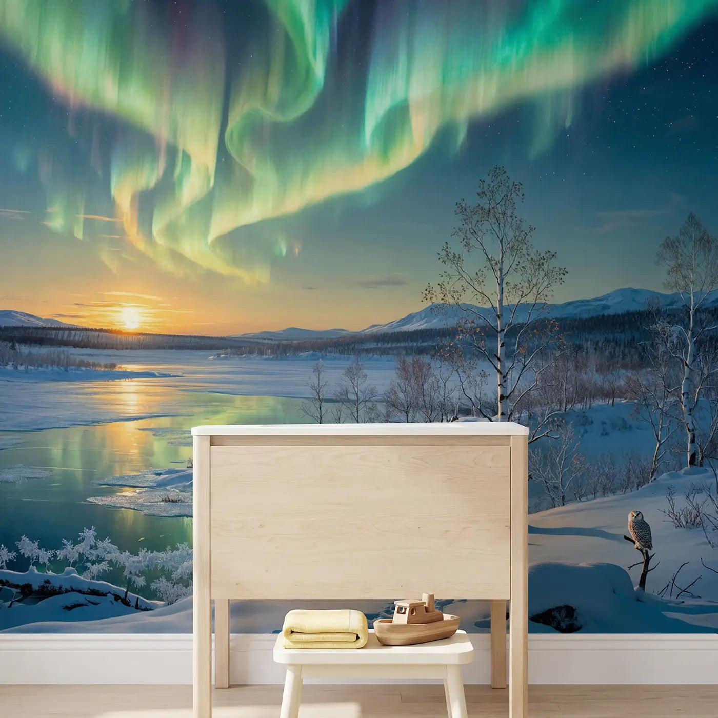 Northern Lights Winter Solstice Wallpaper Mural in playroom setting by Whimsy Tots