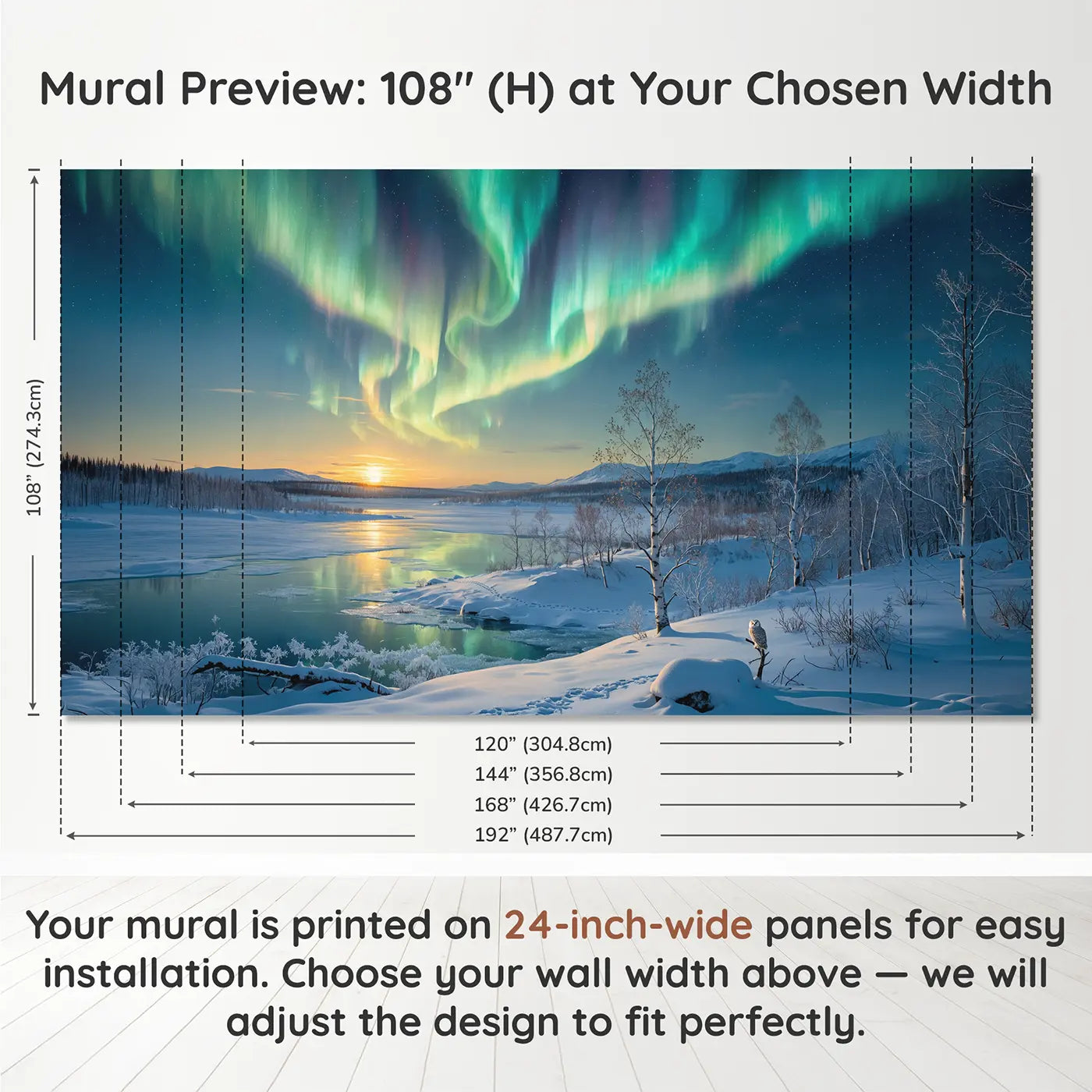 Panel layout and dimensions for Northern Lights Winter Solstice Wallpaper Mural by Whimsy Tots