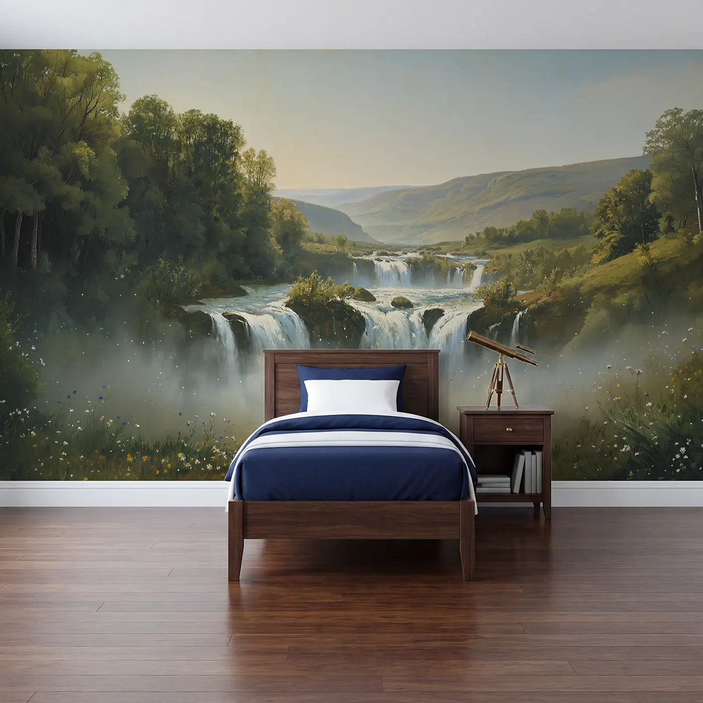 Painted landscape spring waterfall valley wallpaper mural for kids room by Whimsy Tots