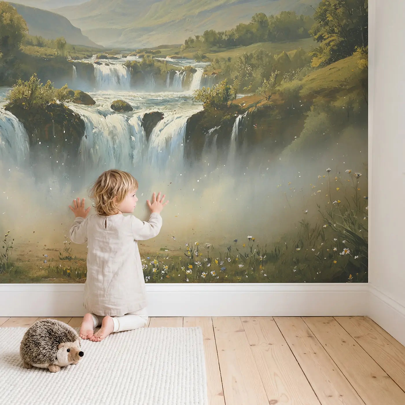 Child in nursery with Spring Waterfall Full Force Wallpaper Mural by Whimsy Tots