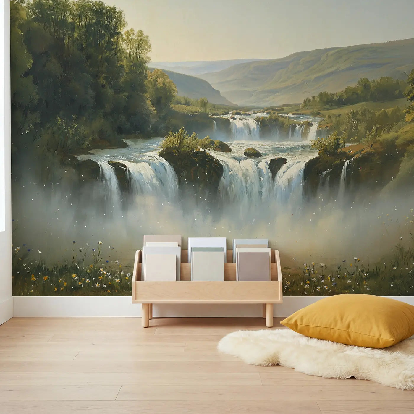Spring Waterfall Full Force Wallpaper Mural in playroom setting by Whimsy Tots