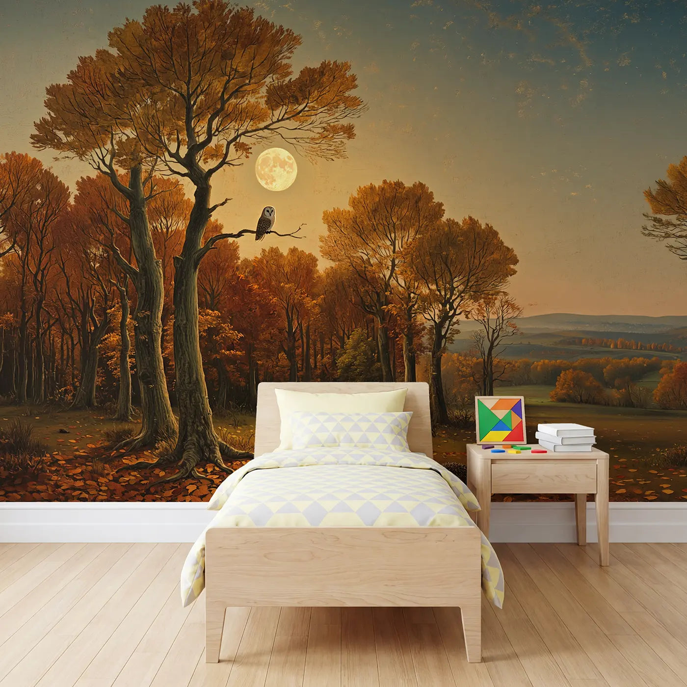 Painted moon and autumn underwater wallpaper mural for kids room by Whimsy Tots