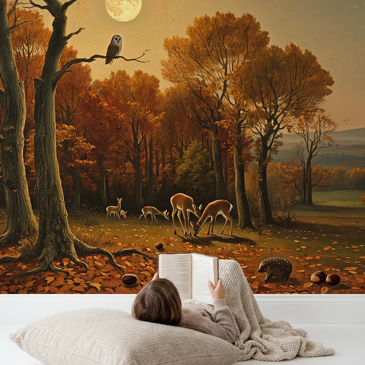 Child in nursery with Autumn Moonrise Forest Wallpaper Mural by Whimsy Tots
