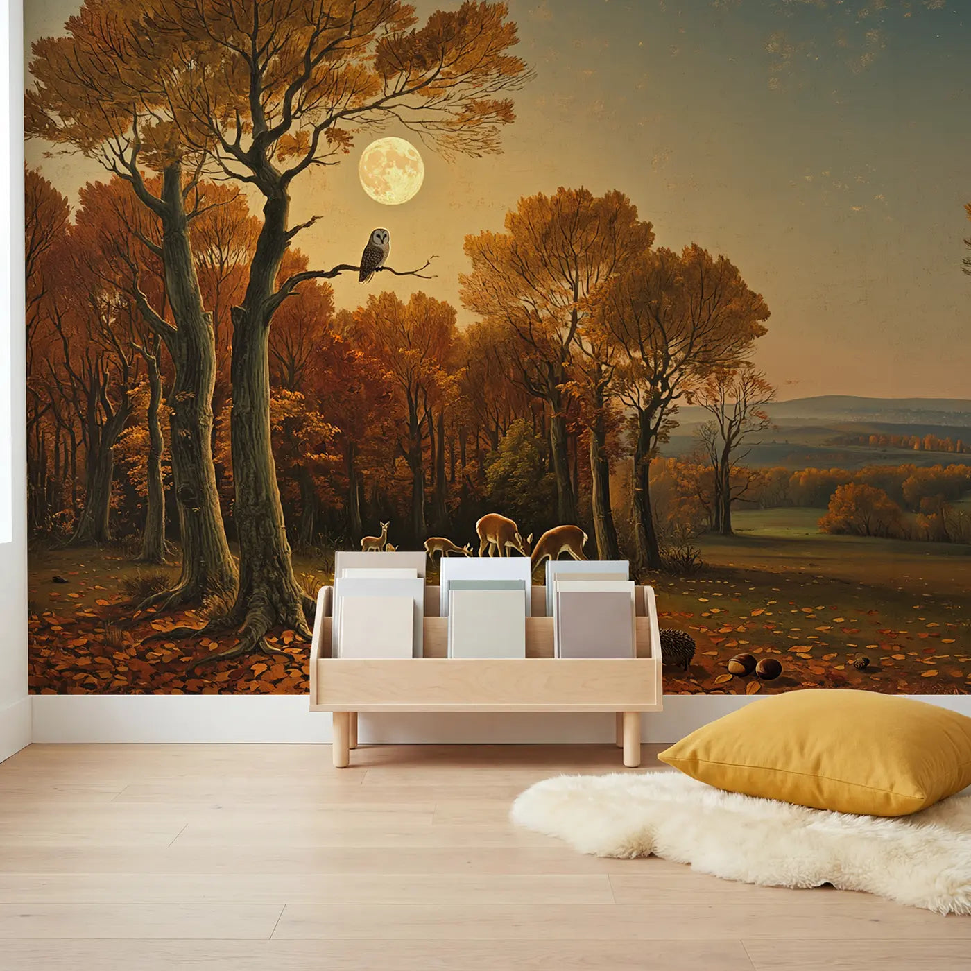 Autumn Moonrise Forest Wallpaper Mural in playroom setting by Whimsy Tots