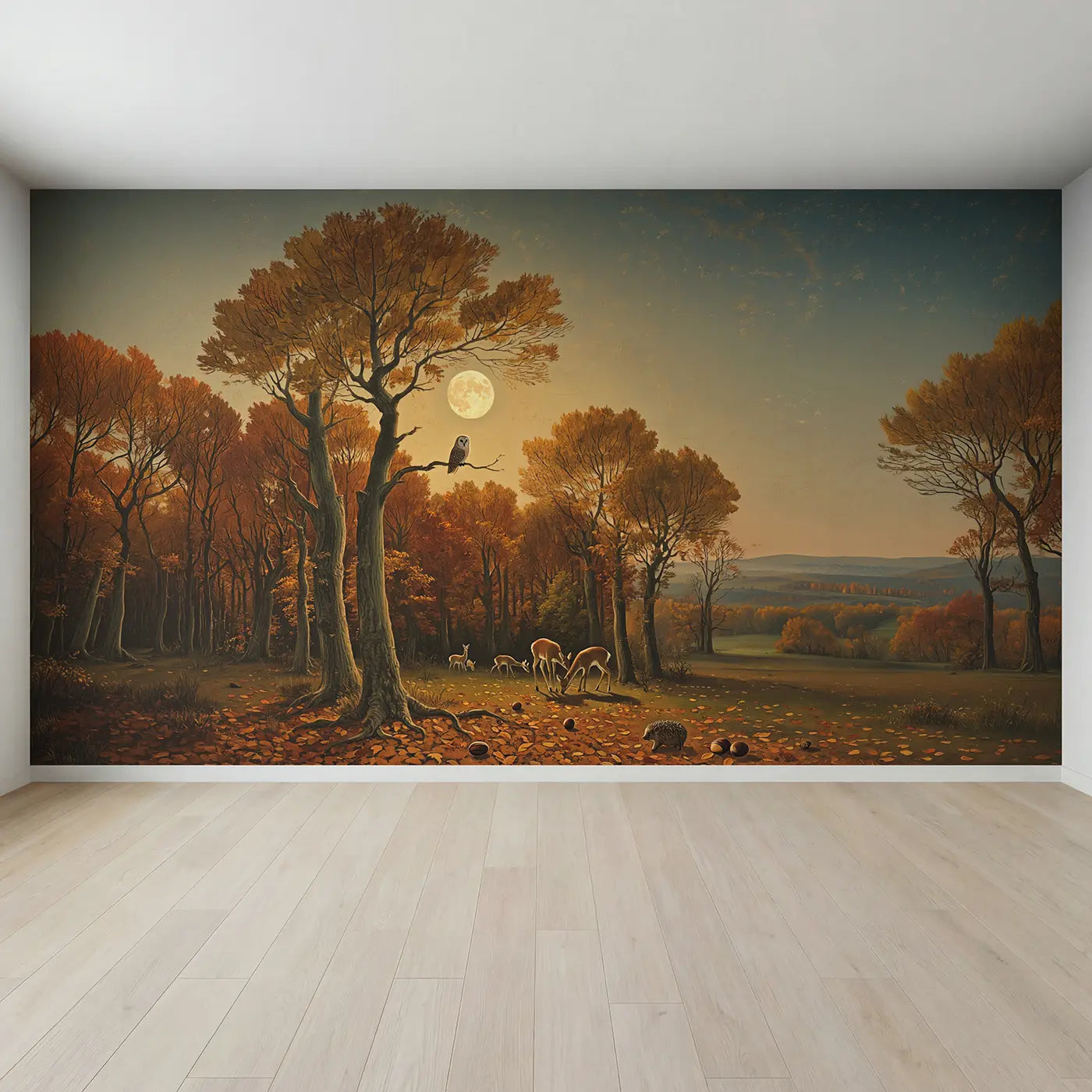 Full view of Autumn Moonrise Forest Wallpaper Mural by Whimsy Tots
