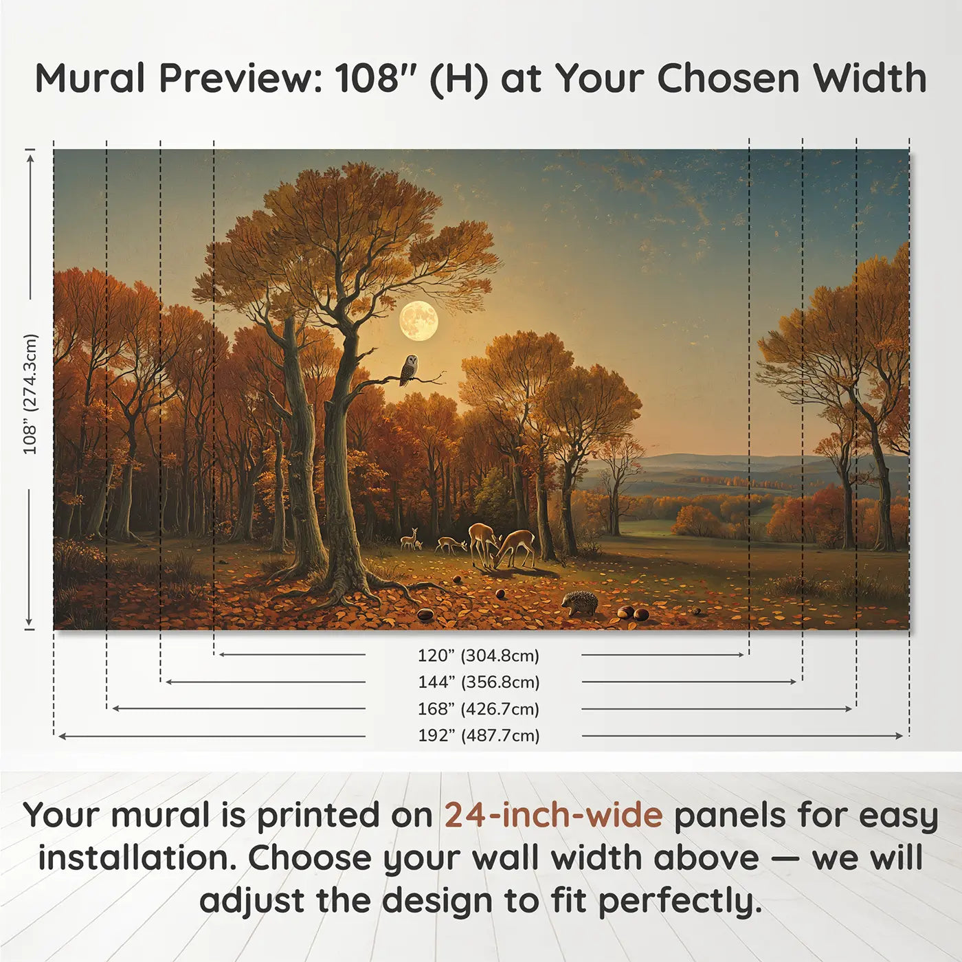 Panel layout and dimensions for Autumn Moonrise Forest Wallpaper Mural by Whimsy Tots