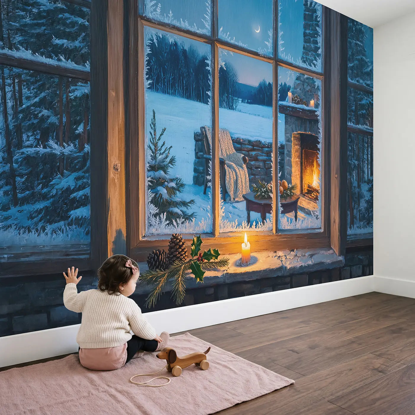 Child in nursery with Winter Solstice First Candle Wallpaper Mural by Whimsy Tots