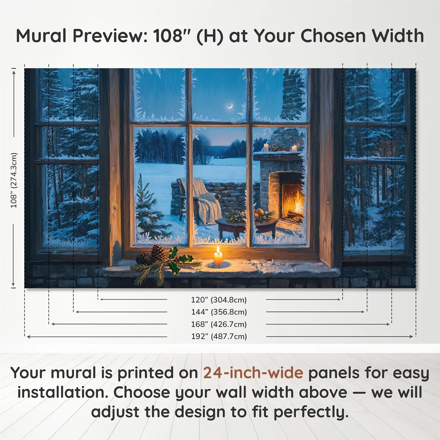 Panel layout and dimensions for Winter Solstice First Candle Wallpaper Mural by Whimsy Tots