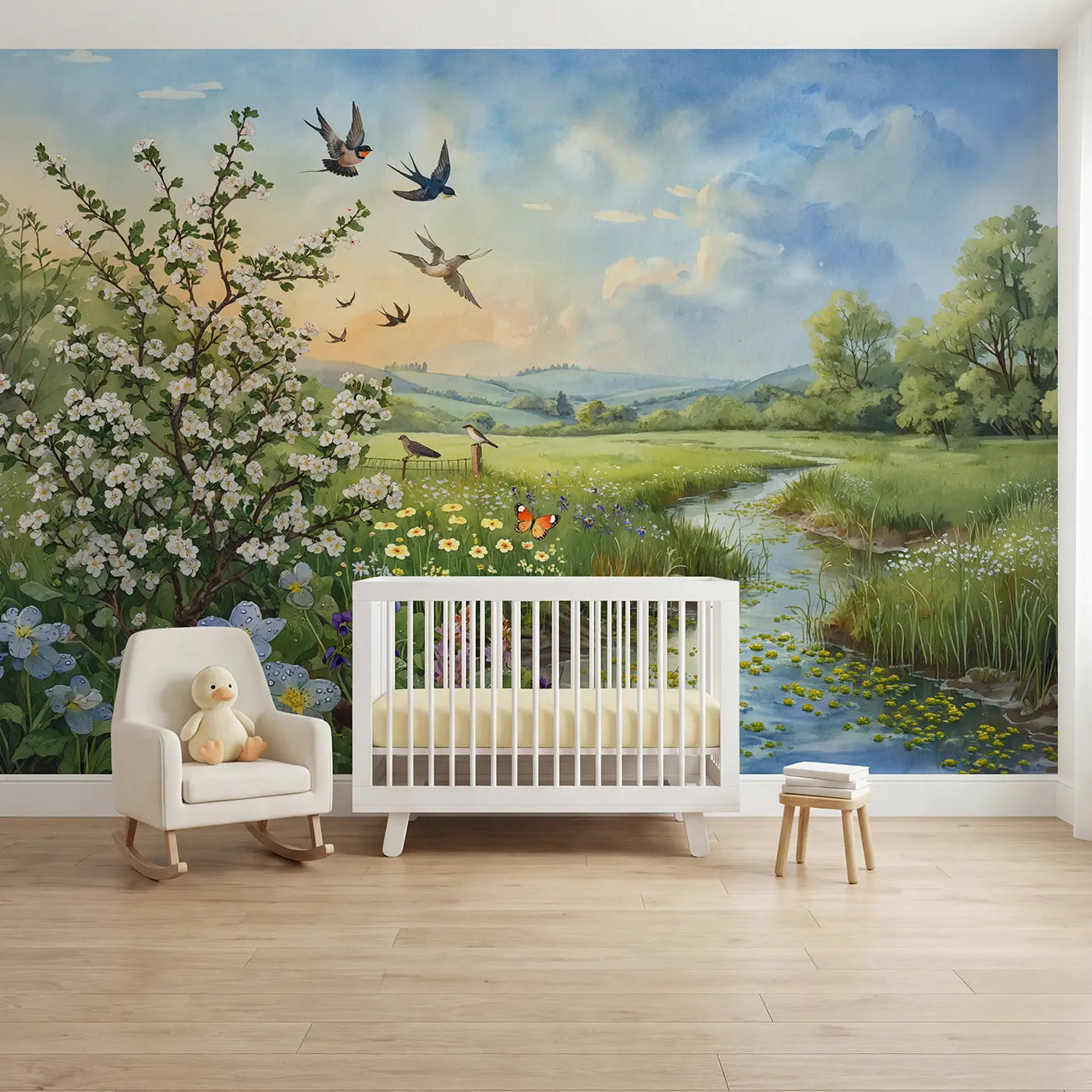 Watercolor bird celestial wallpaper mural for nursery by Whimsy Tots