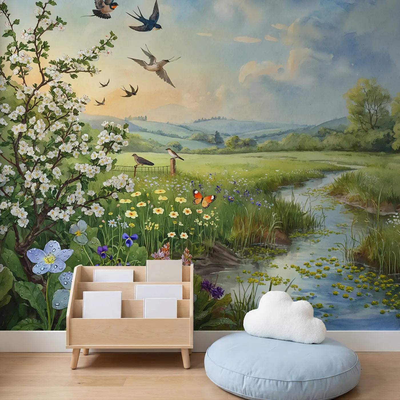 Child in nursery with Spring Migration Meadow Wallpaper Mural by Whimsy Tots