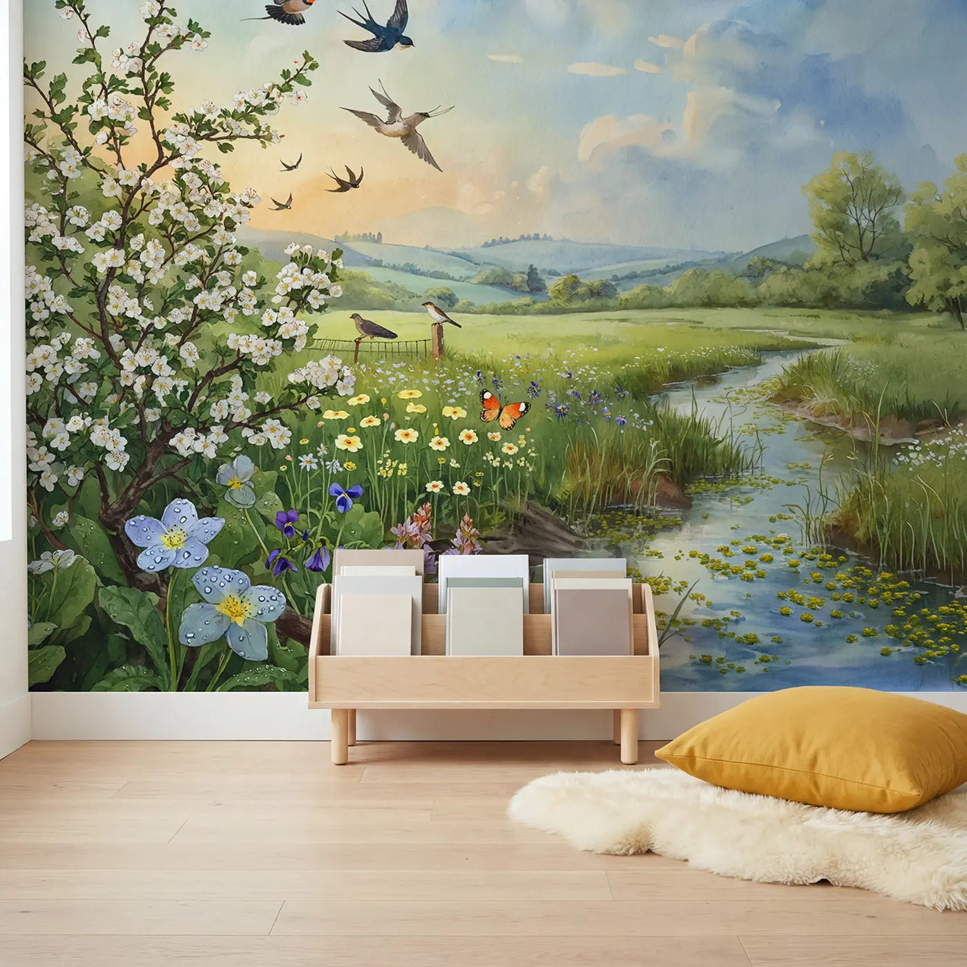 Spring Migration Meadow Wallpaper Mural in playroom setting by Whimsy Tots