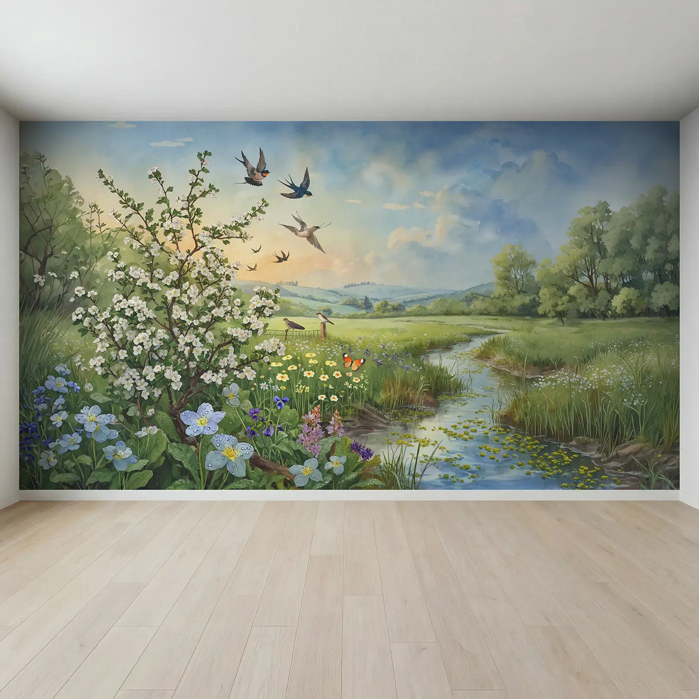 Full view of Spring Migration Meadow Wallpaper Mural by Whimsy Tots