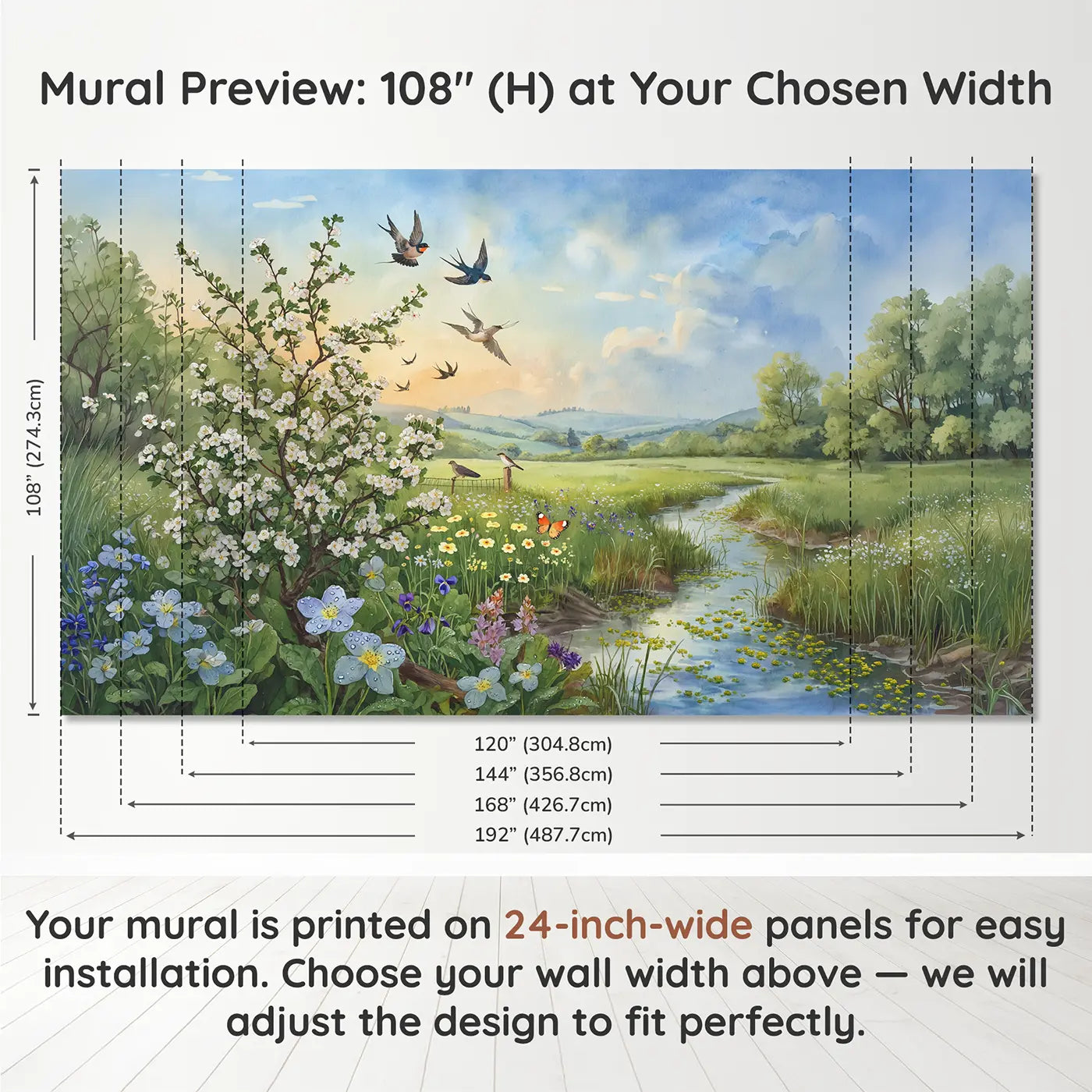 Panel layout and dimensions for Spring Migration Meadow Wallpaper Mural by Whimsy Tots