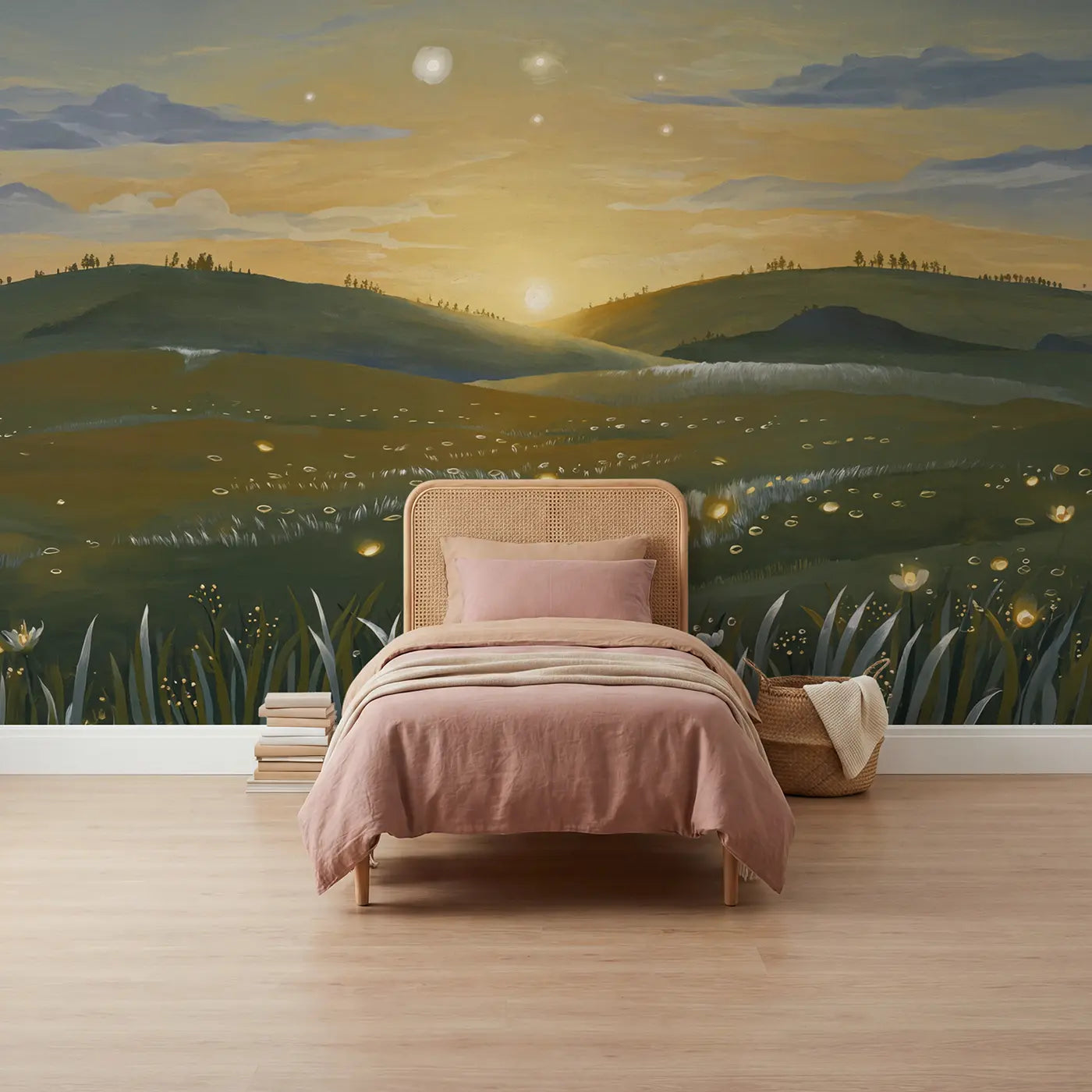 Modern illustration spring equinox sunrise wallpaper mural for girls room by Whimsy Tots