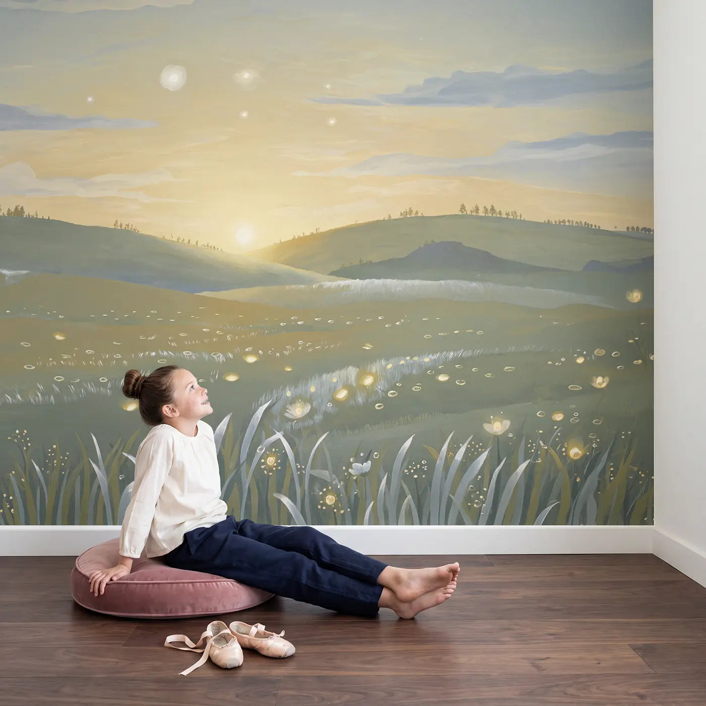 Child in nursery with Spring Equinox Sun Horizon Wallpaper Mural by Whimsy Tots