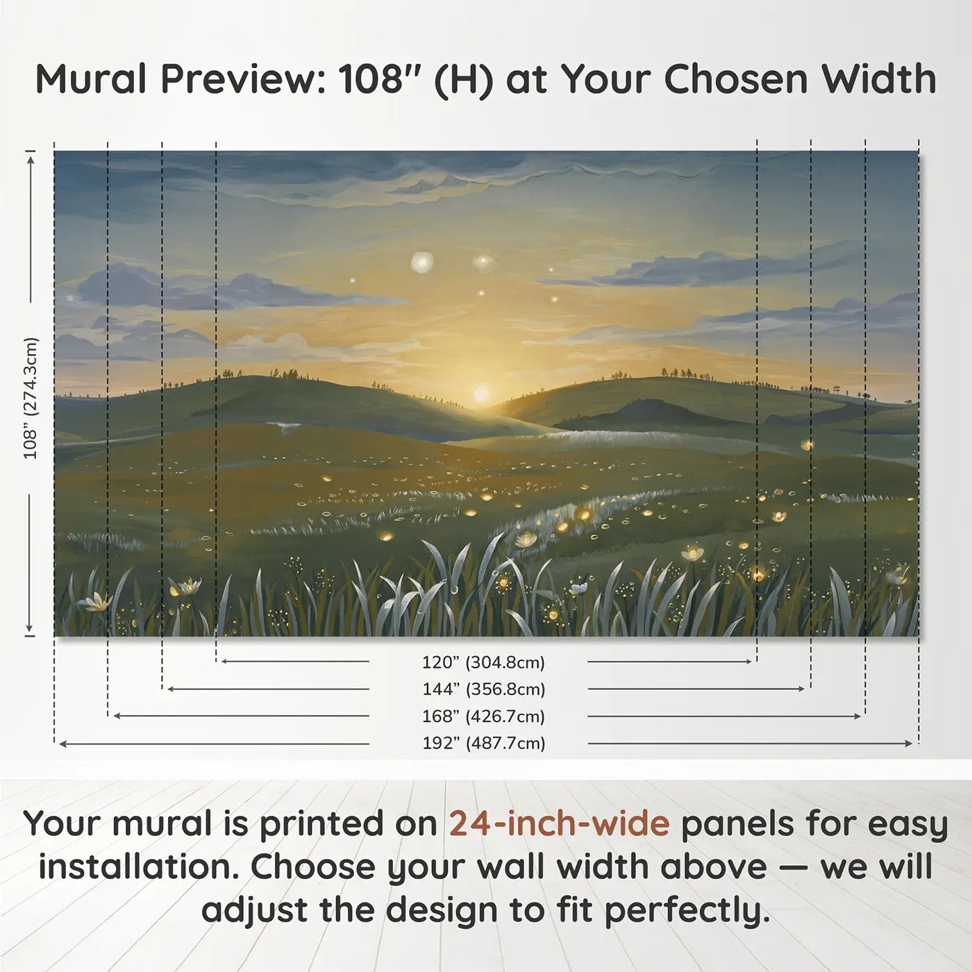 Panel layout and dimensions for Spring Equinox Sun Horizon Wallpaper Mural by Whimsy Tots