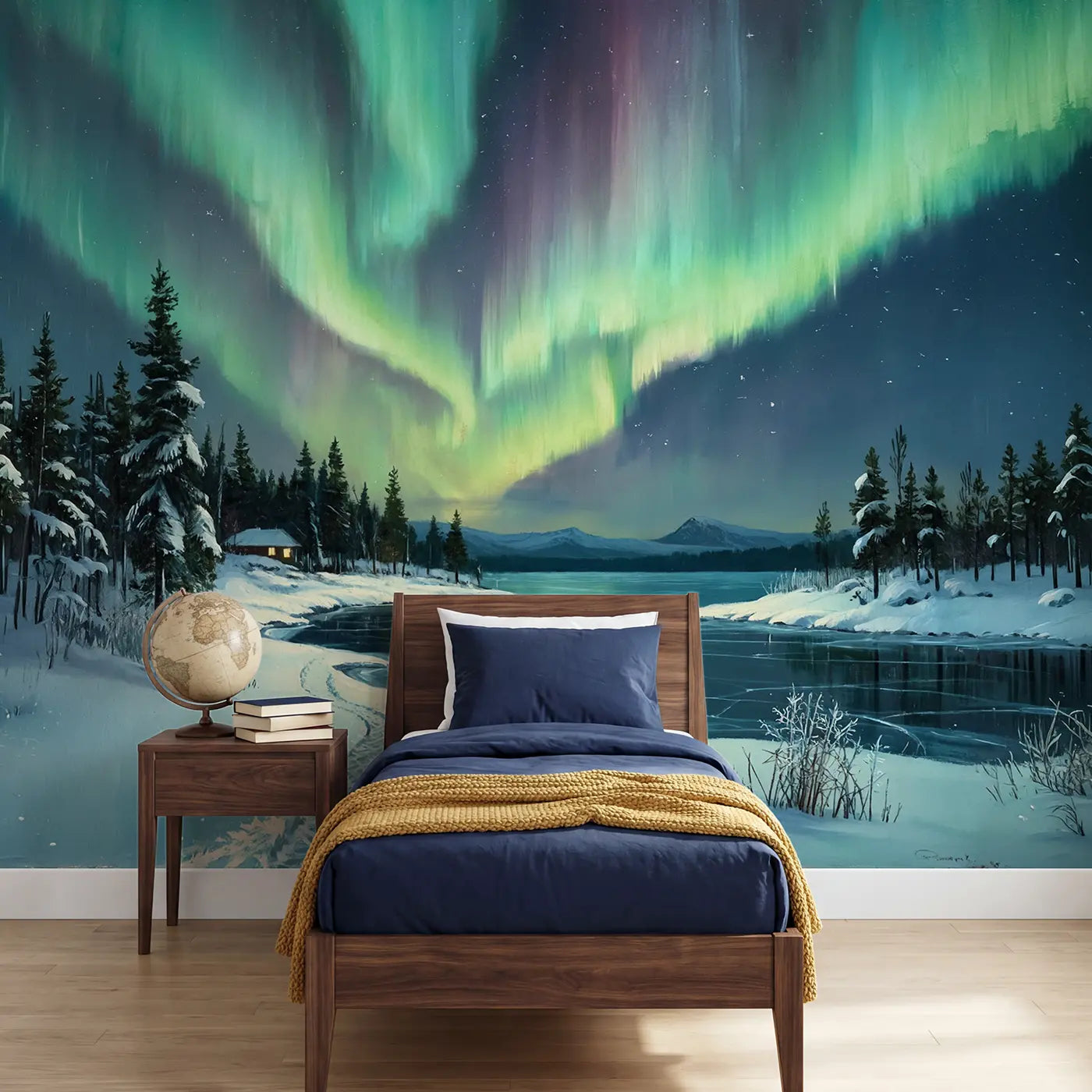 painted landscape northern lights frozen lake mural for kids room by Whimsy Tots