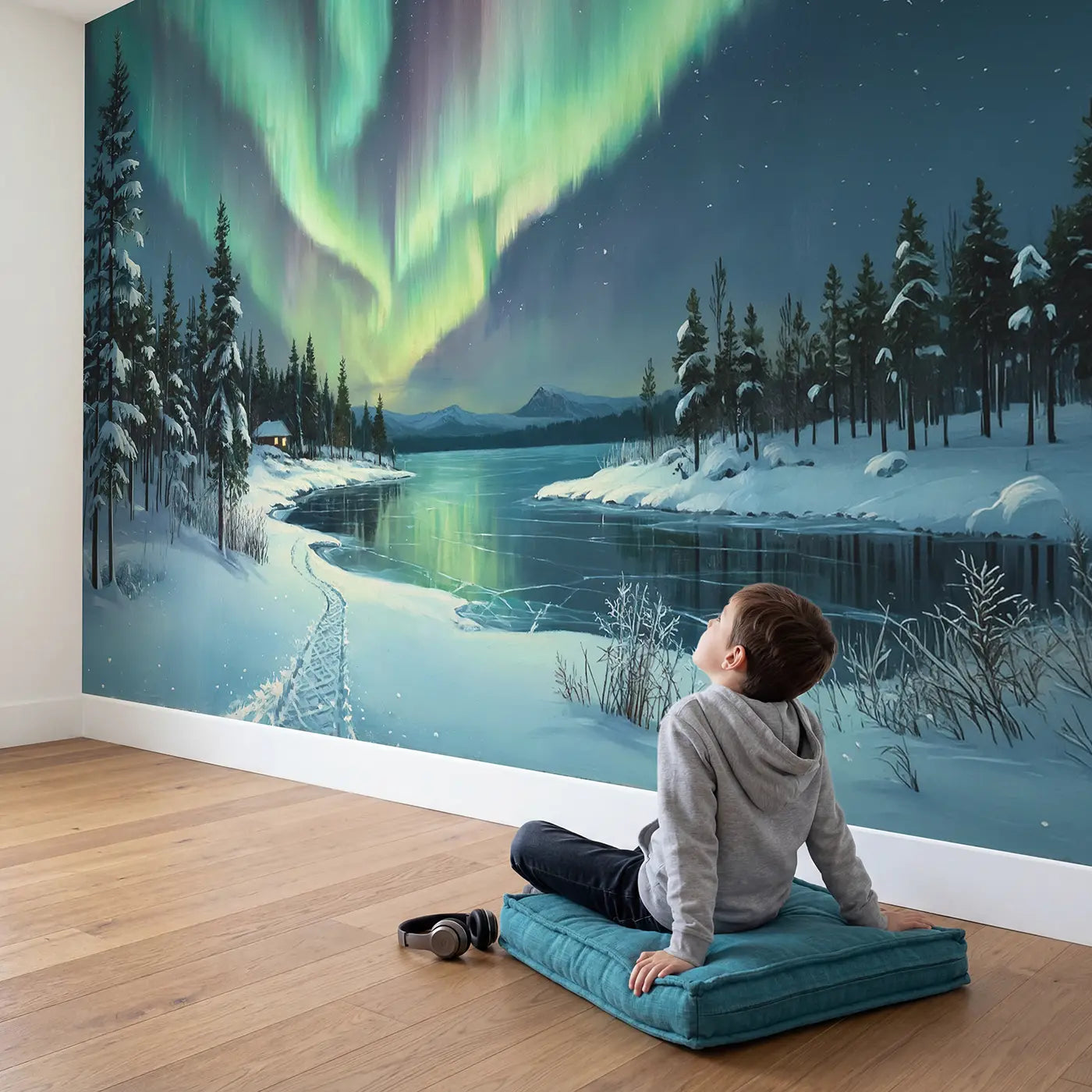 Child in nursery with Northern Lights Frozen Lake Wallpaper Mural by Whimsy Tots