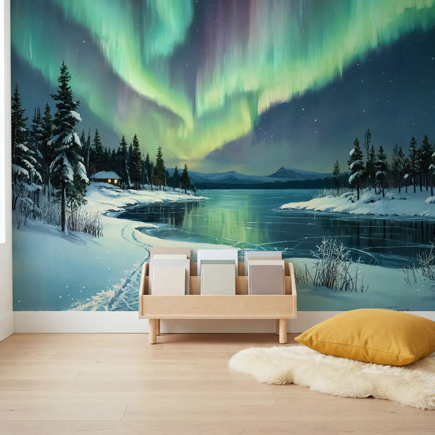 Northern Lights Frozen Lake Wallpaper Mural in playroom setting by Whimsy Tots