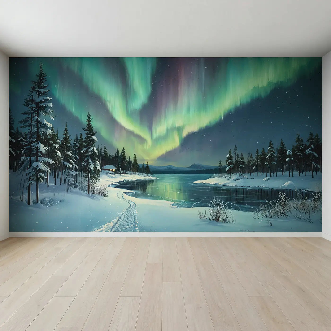 Full view of Northern Lights Frozen Lake Wallpaper Mural by Whimsy Tots