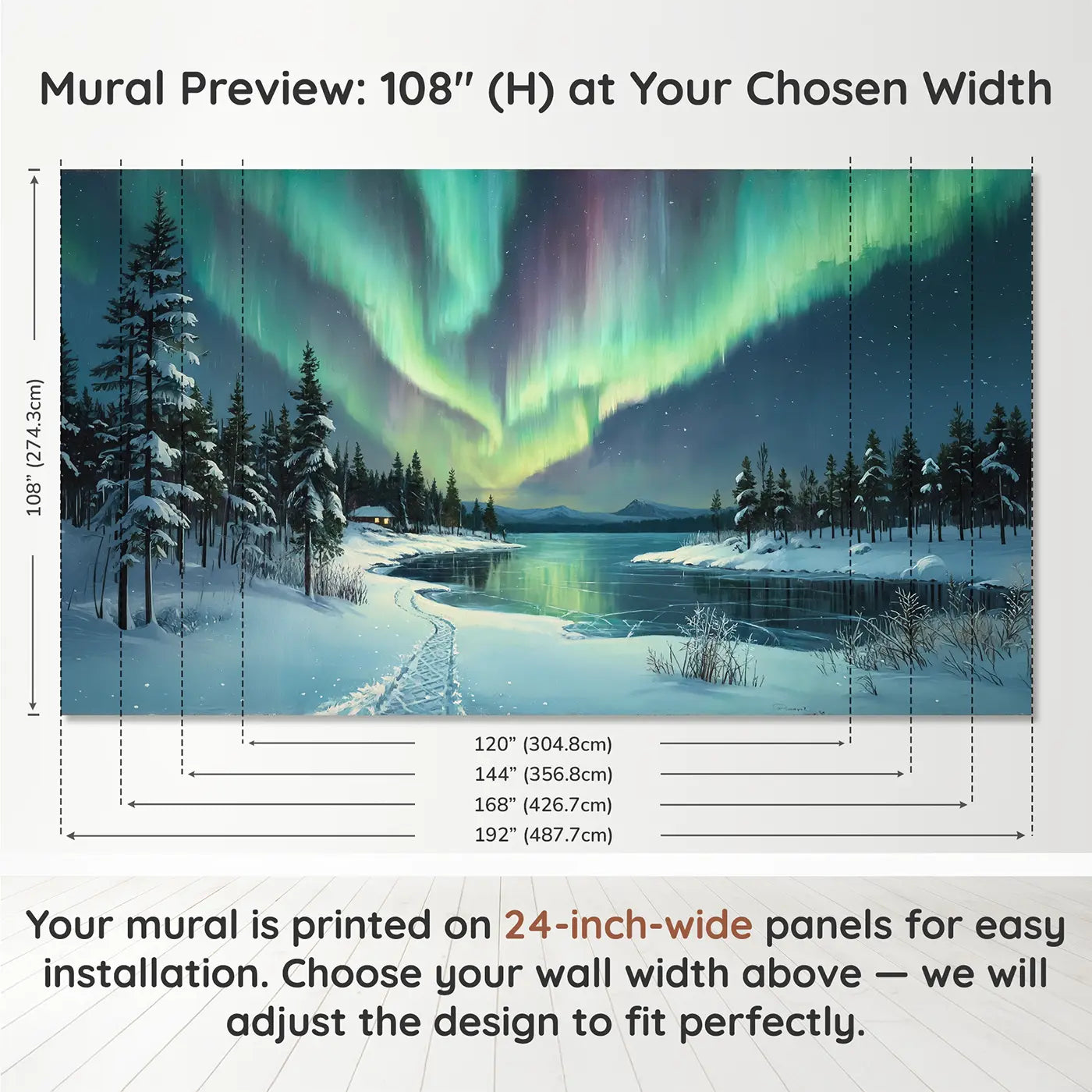 Panel layout and dimensions for Northern Lights Frozen Lake Wallpaper Mural by Whimsy Tots