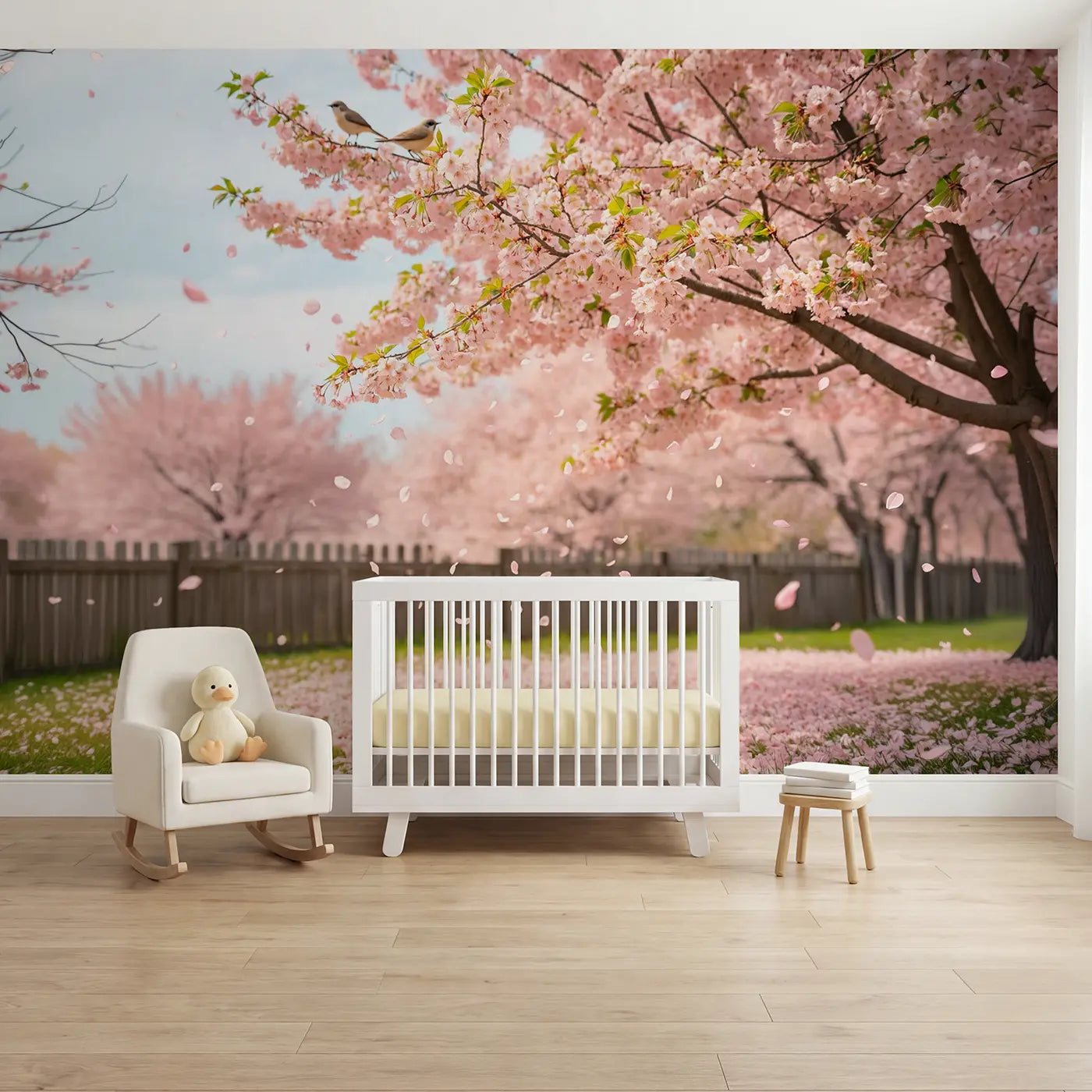 Soft Pastel cherry blossom spring renewal wallpaper mural for nursery by Whimsy Tots