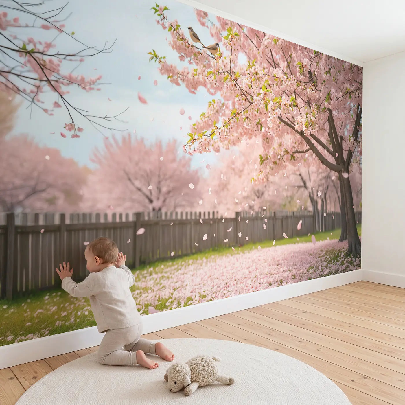 Child in nursery with Cherry Blossom Spring Renewal Wallpaper Mural by Whimsy Tots