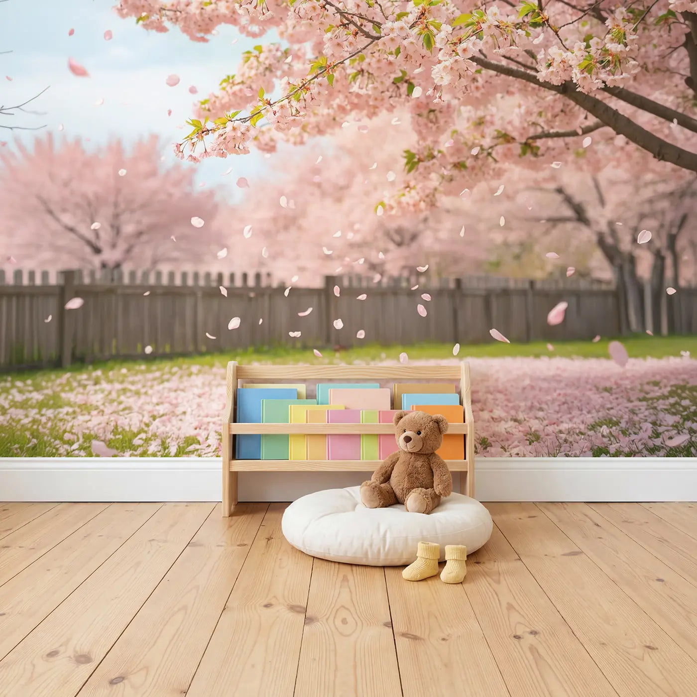 Cherry Blossom Spring Renewal Wallpaper Mural in playroom setting by Whimsy Tots
