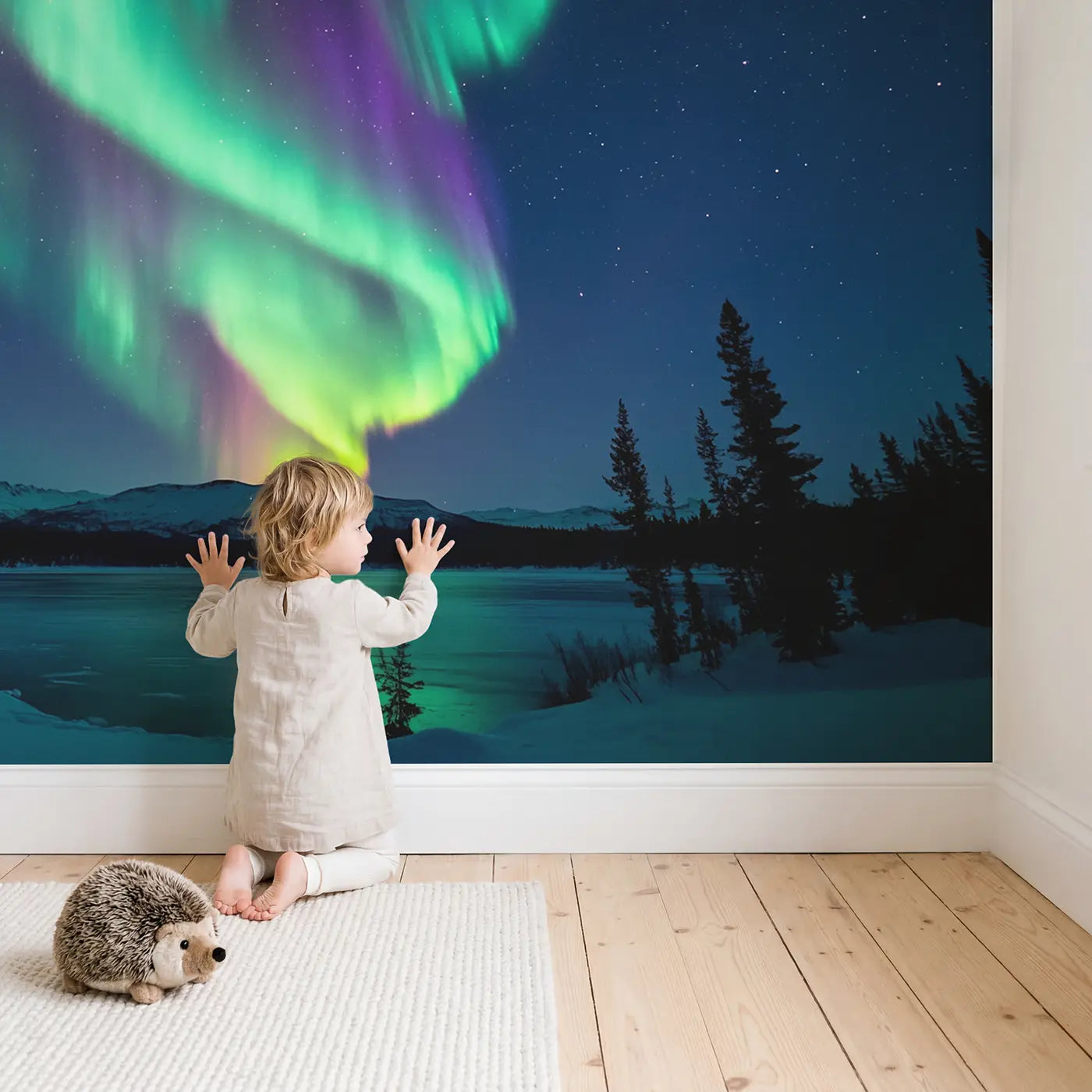 Child in nursery with Northern Light Column Wallpaper Mural by Whimsy Tots